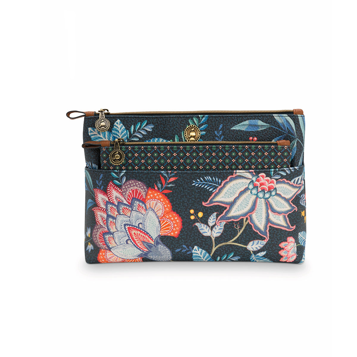 V442-HIN-MISC-COMBIFESTIVAL-DARKBLUE-SH-82774-00 PIP Studio Combi Flower Festival Dark Blue Cosmetic Bag - Image 1