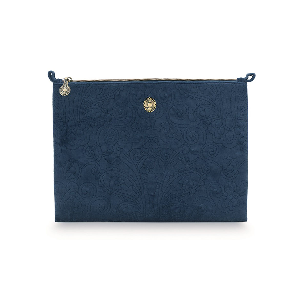 V442-HIN-MISC-FLATPOUCHQUILTEDL-BLUE-SH-82775-00 PIP Studio Velvet Quilted Dark Blue Large Cosmetic Flat Pouch - Image 1
