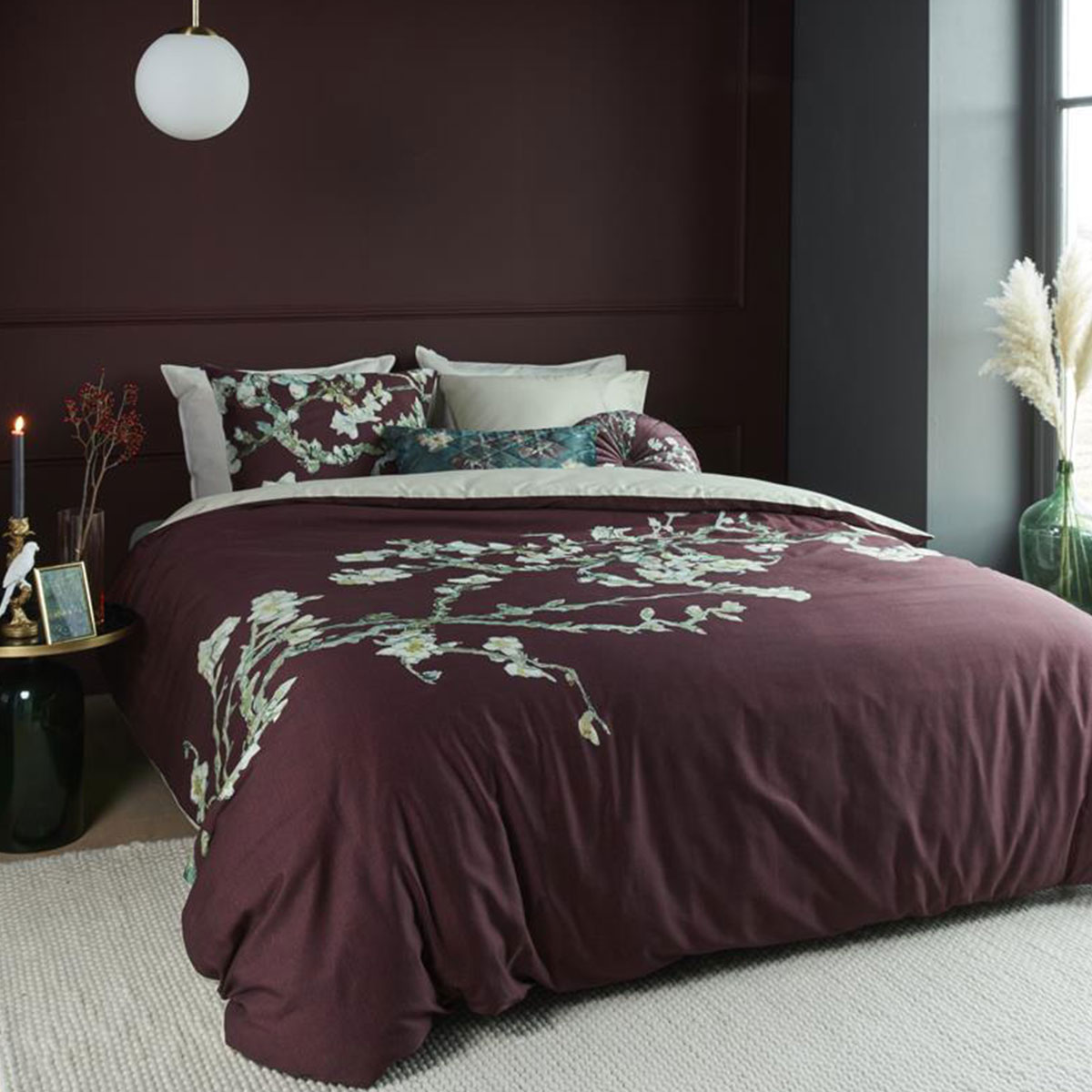 V442-HIN-QUILTCS-BLOSSOM-DARKRED-QS-83519-00 Bedding House Van Gogh Blossom Dark Red Cotton Quilt Cover Set Queen - Image 1