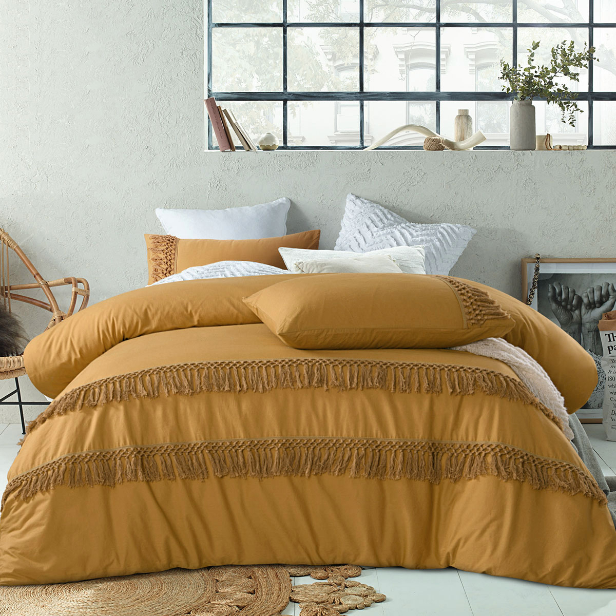 V442-HIN-QUILTCS-BOHO-OCHRE-KI-83326-00 Vintage Design Homewares Boho Ochre Cotton Tassel Quilt Cover Set King - Image 1