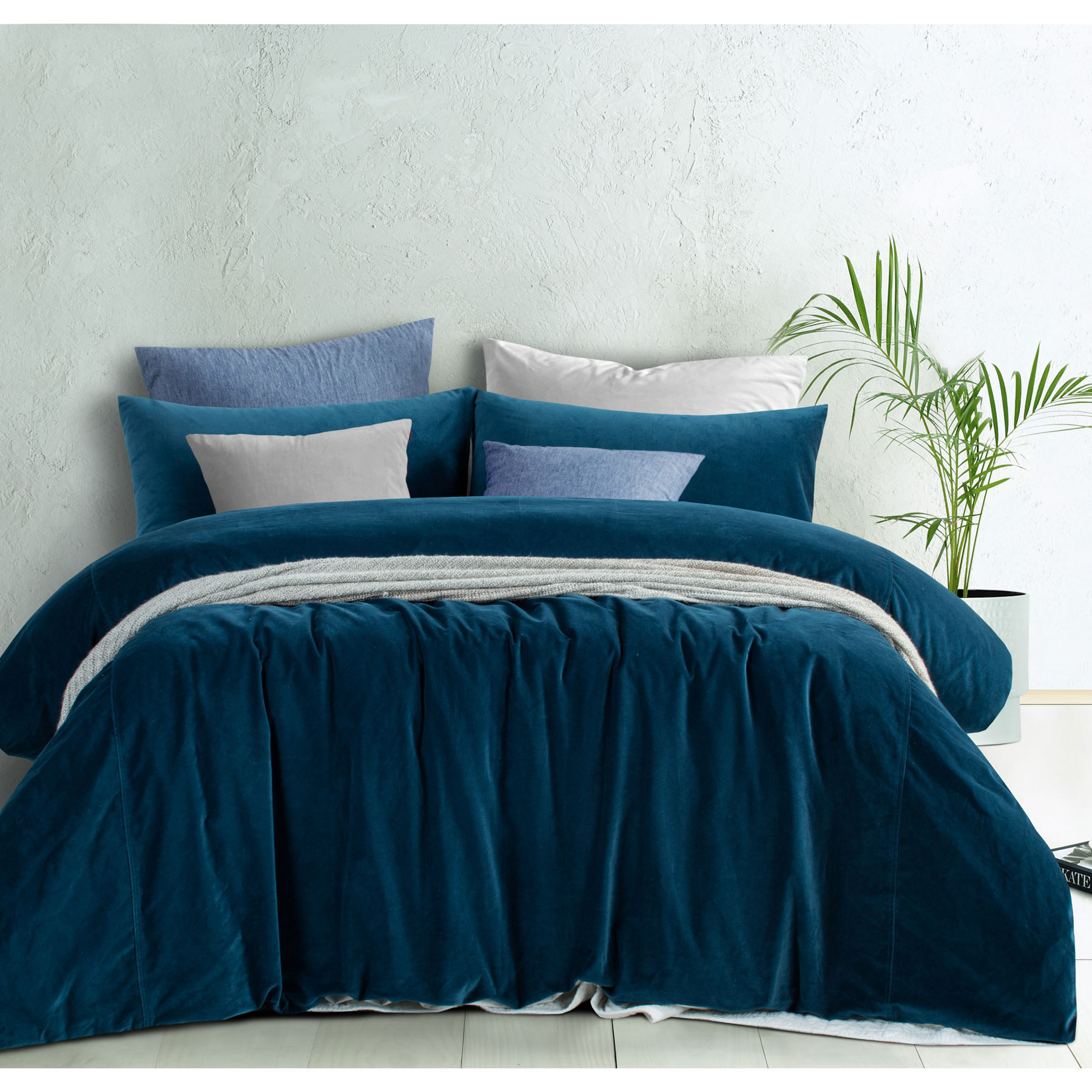 V442-HIN-QUILTCS-CVEL-RIVERLANDBLUE-SK-83213-00 Vintage Design Homewares Cotton Velvet Quilt Cover Set Riverland Blue Super King - Image 1