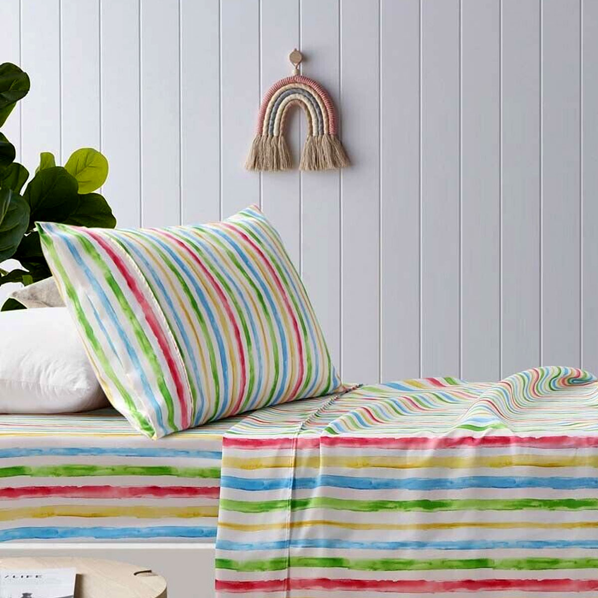 V442-HIN-SHEETS-KIDSSTRIPES-MULTI-DS-94262-00 Happy Kids Multi Stripes Printed Microfibre Sheet Set Double - Image 1