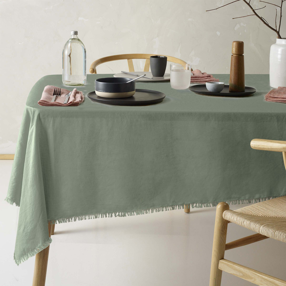 V442-HIN-TABLEC-GYPSYLINENC180CM-GREEN-RE-202836-00 Vintage Design Homewares Gypsy Green Fringed Washed Linen Cotton Tablecloth 130cm x 180cm - Image 1