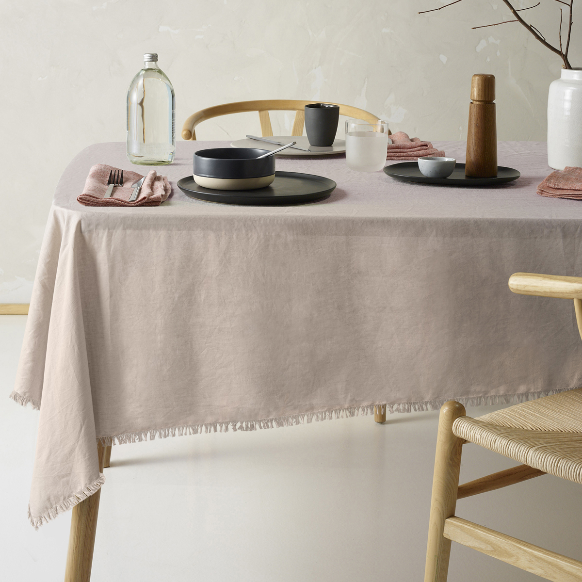 V442-HIN-TABLEC-GYPSYLINENC180CM-NATURAL-RE-202820-00 Vintage Design Homewares Gypsy Natural Fringed Washed Linen Cotton Tablecloth 130cm x 180cm - Image 1
