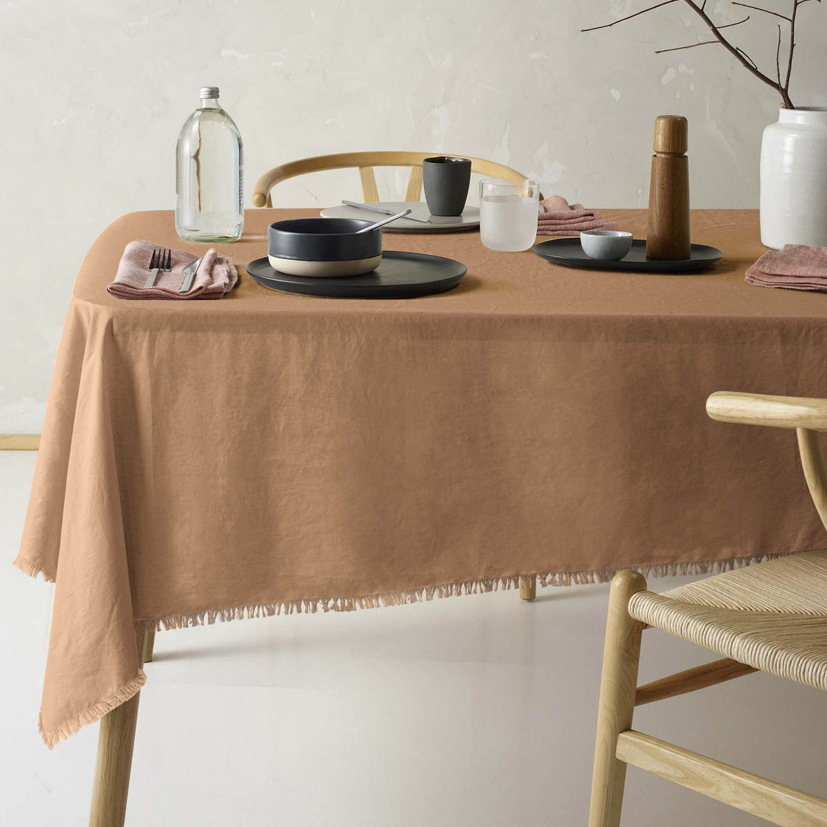 V442-HIN-TABLEC-GYPSYLINENC180CM-TERRA-RE-202828-00 Vintage Design Homewares Gypsy Terracotta Fringed Washed Linen Cotton Tablecloth 130cm x 180cm - Image 1