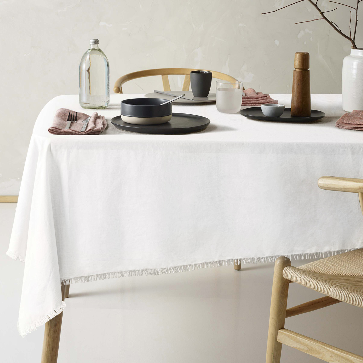 V442-HIN-TABLEC-GYPSYLINENC180CM-WHITE-RE-202844-00 Vintage Design Homewares Gypsy White Fringed Washed Linen Cotton Tablecloth 130cm x 180cm - Image 1