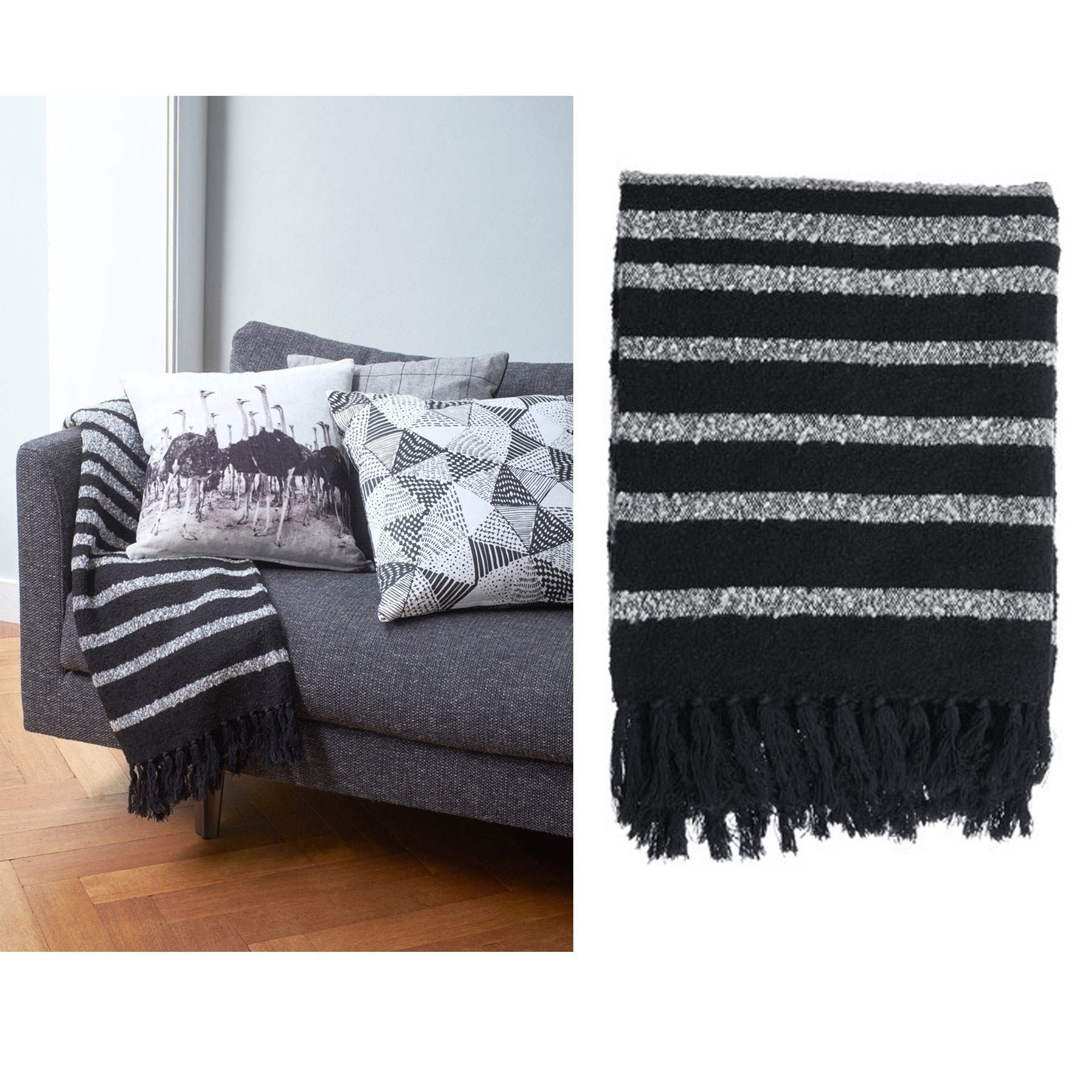 V442-HIN-THROW-HONSHU-BLACK-RE-83005-00 Bedding House Cotton Fringe Throw Rug Honshu Black - Image 1