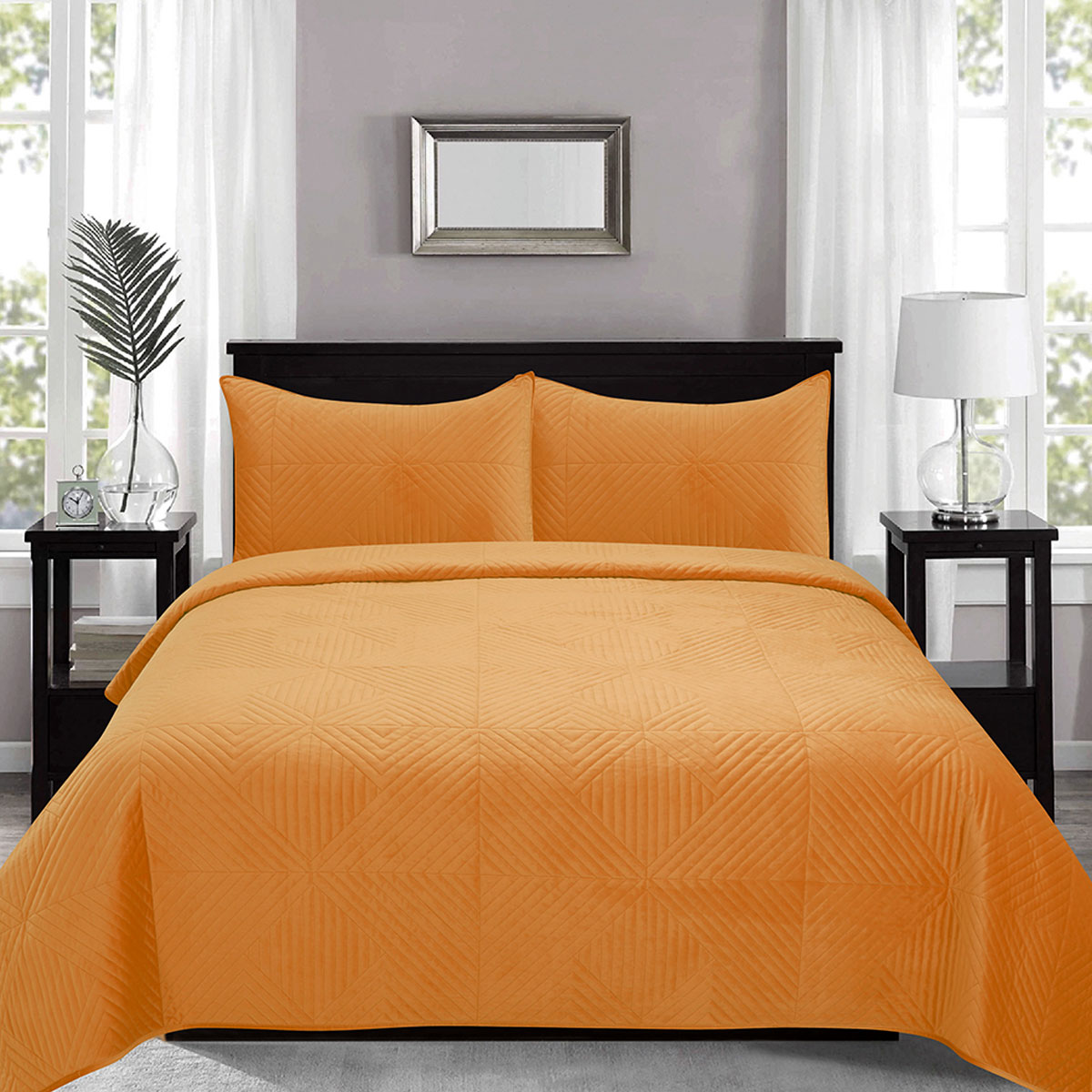 V442-IDC-COVERLET-MERIDA-MUSTARD-QS-78677-00 J.Elliot Home Merida Mustard Velvet Quilted Coverlet Set Queen/King - Image 1