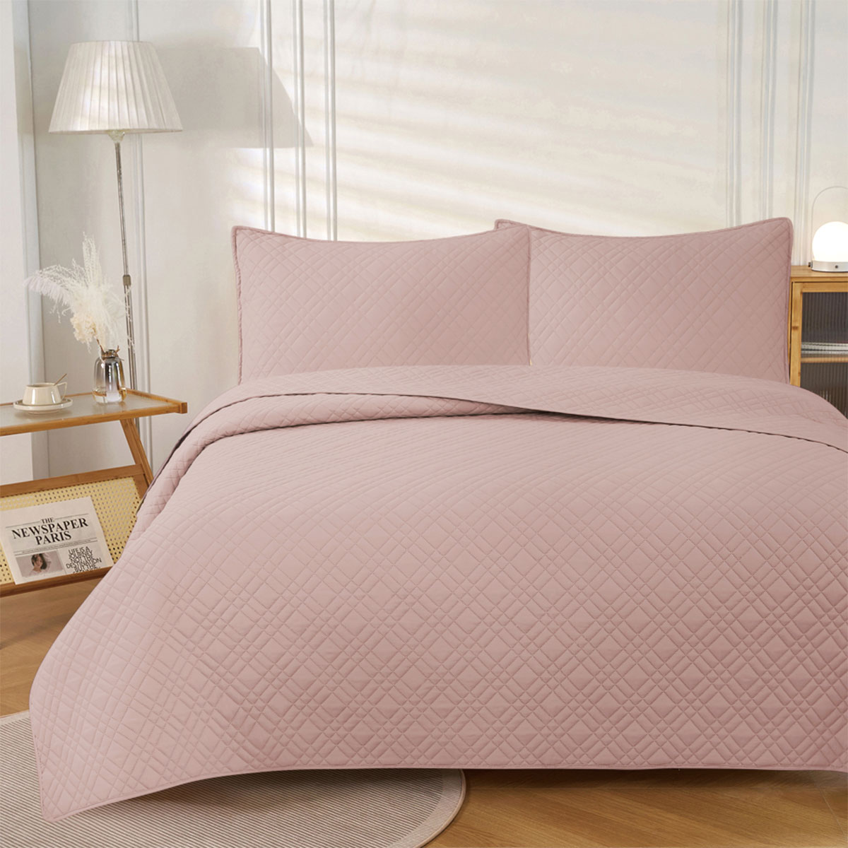 V442-IDC-COVERLETS-MORRIS-BLUSH-QS-167477-00 Jane Barrington Morris Blush Ultrasonic Embossed Lightly Quilted Reversible Coverlet Set Queen - Image 1