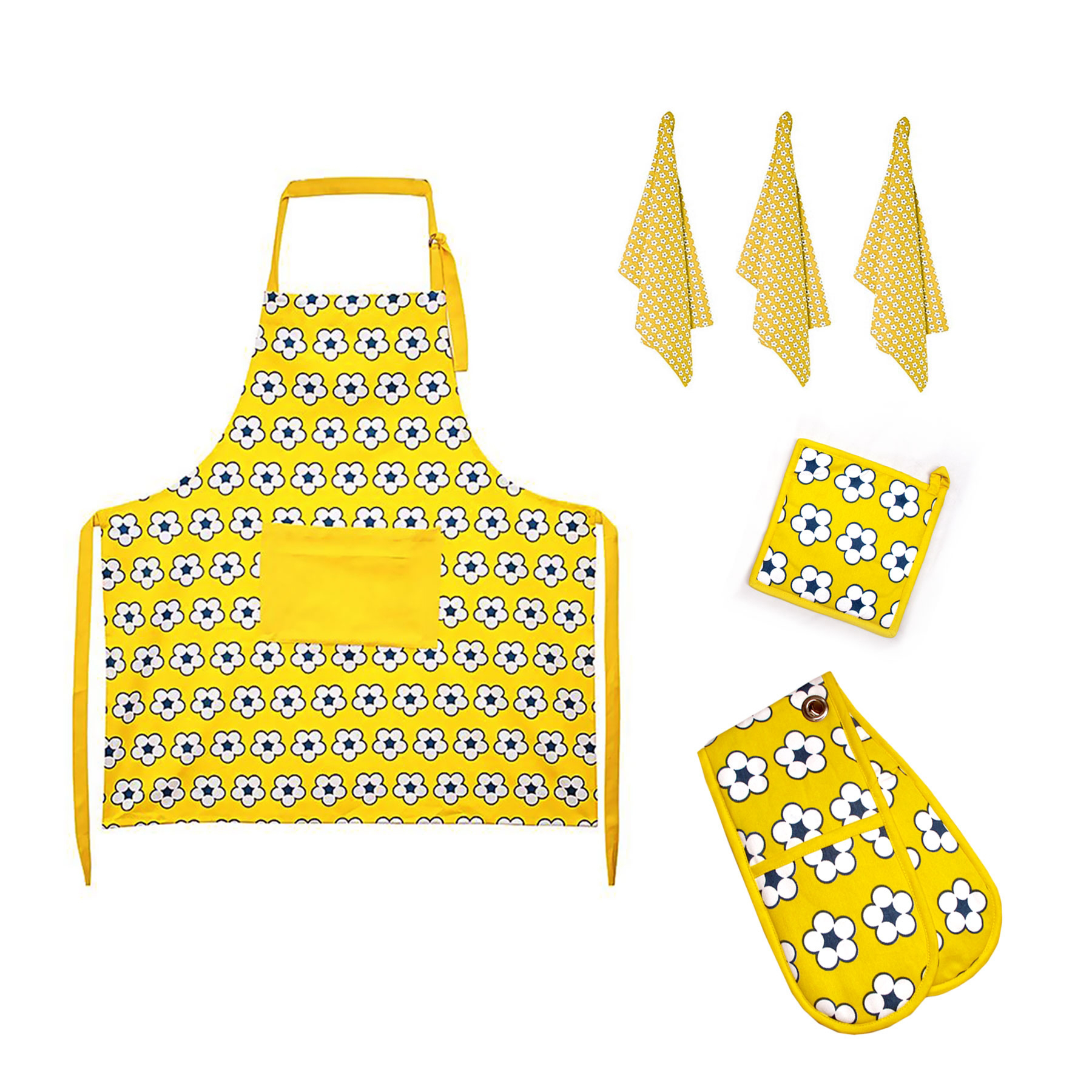 V442-IDC-MISC-6PCEKITCHENCOTTONBUD-YELLOW-SH-78640-00 IDC Homewares 6 Pce Cotton Bud Cotton Kitchen Set Yellow - Image 1