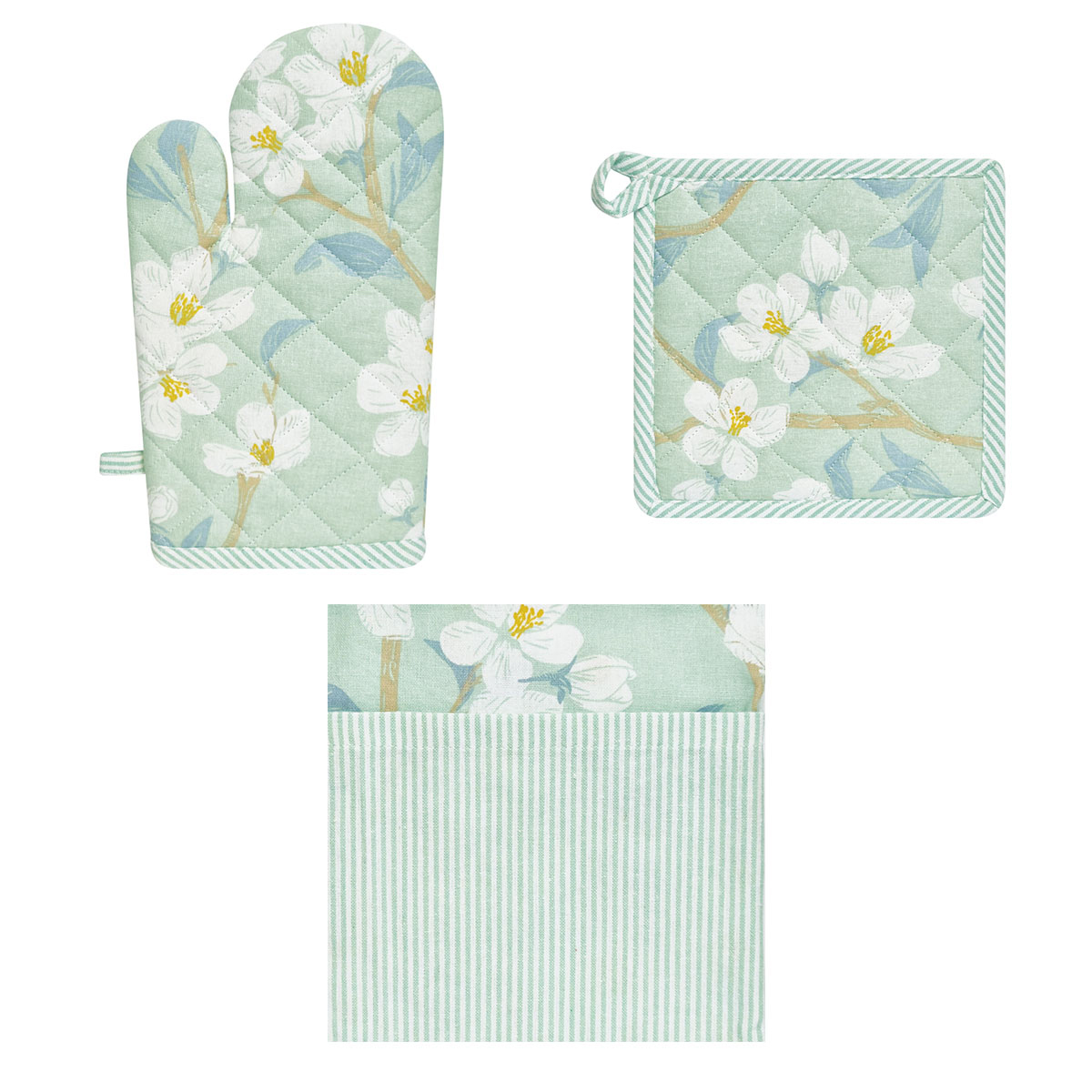 V442-IDC-MISC-SETOF3RENEEKITCHEN-GREEN-SH-78197-00 Set of 3 Renee Cotton Cover Kitchen Textile Mint Green - Image 1