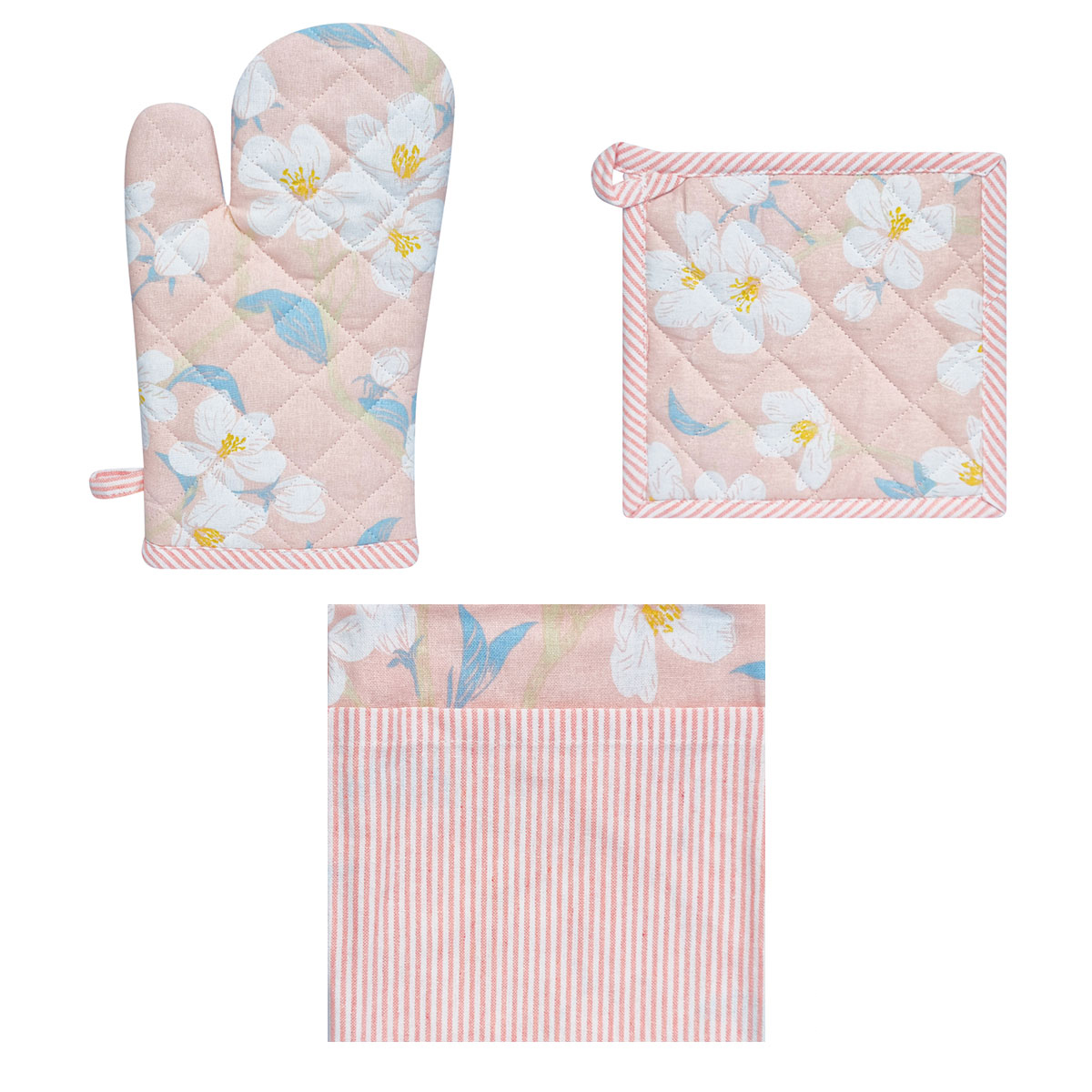 V442-IDC-MISC-SETOF3RENEEKITCHEN-PINK-SH-78196-00 Set of 3 Renee Cotton Cover Kitchen Textile Rose Pink - Image 1