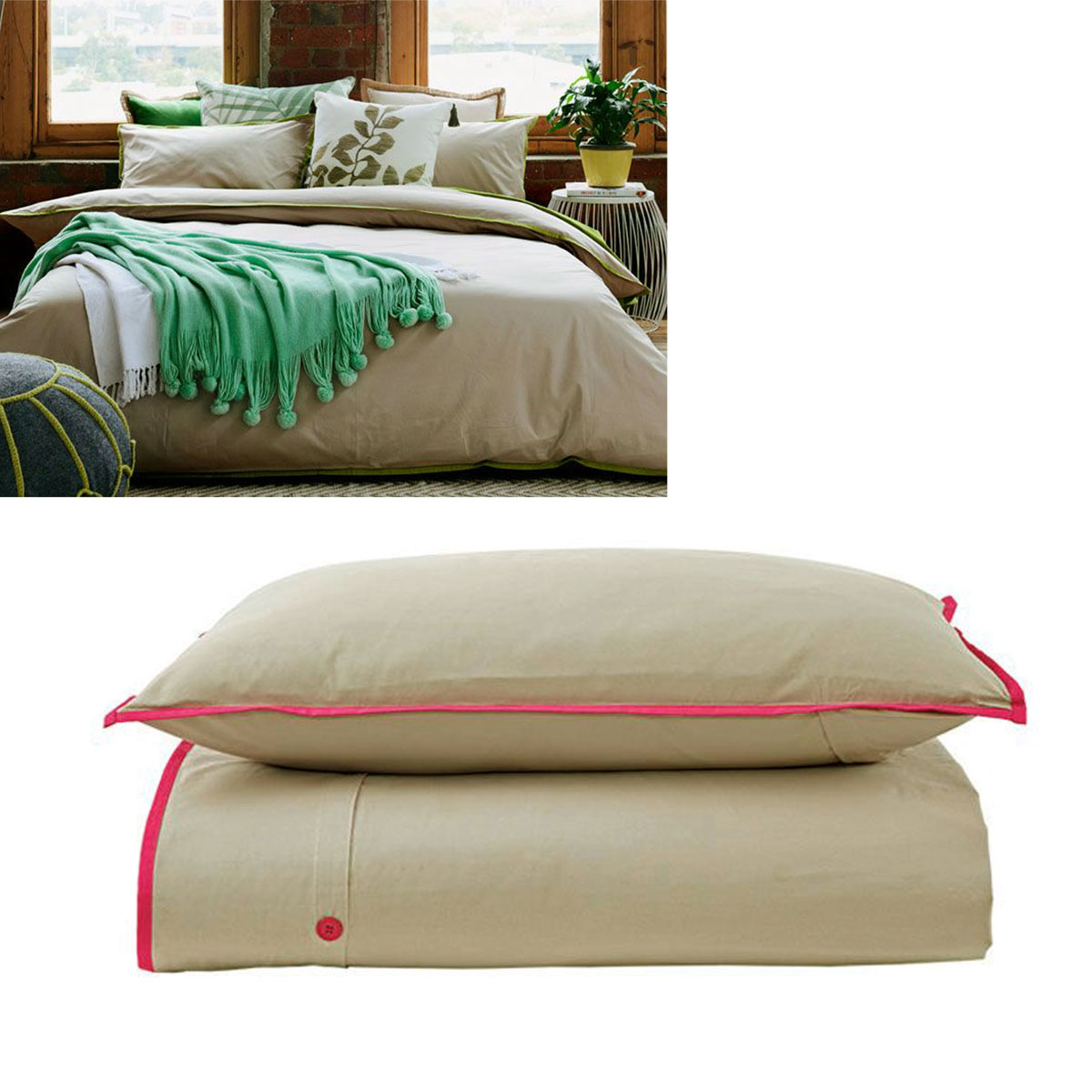 V442-IDC-QUILTCS-260TCCOTTON-HOTPINK-QS-78624-00 Jane Barrington Cotton Quilt Cover Set Taupe/Hot Pink Queen - Image 1