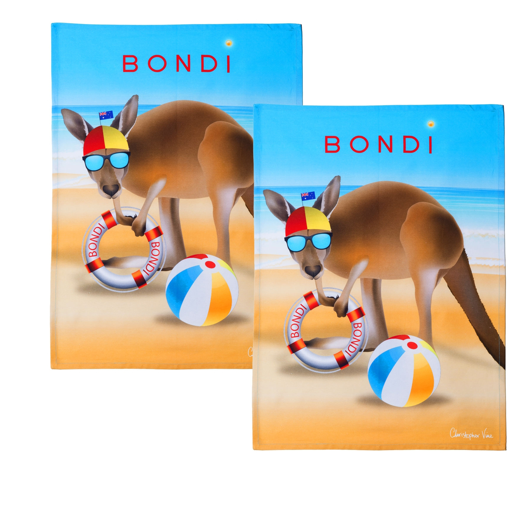 V442-IDC-TEAT-BONDIBEACH-MULTI-RE-78604-00 IDC Homewares Set of 2 Christopher Vine Design Tea Towels Bondi Beach - Image 1