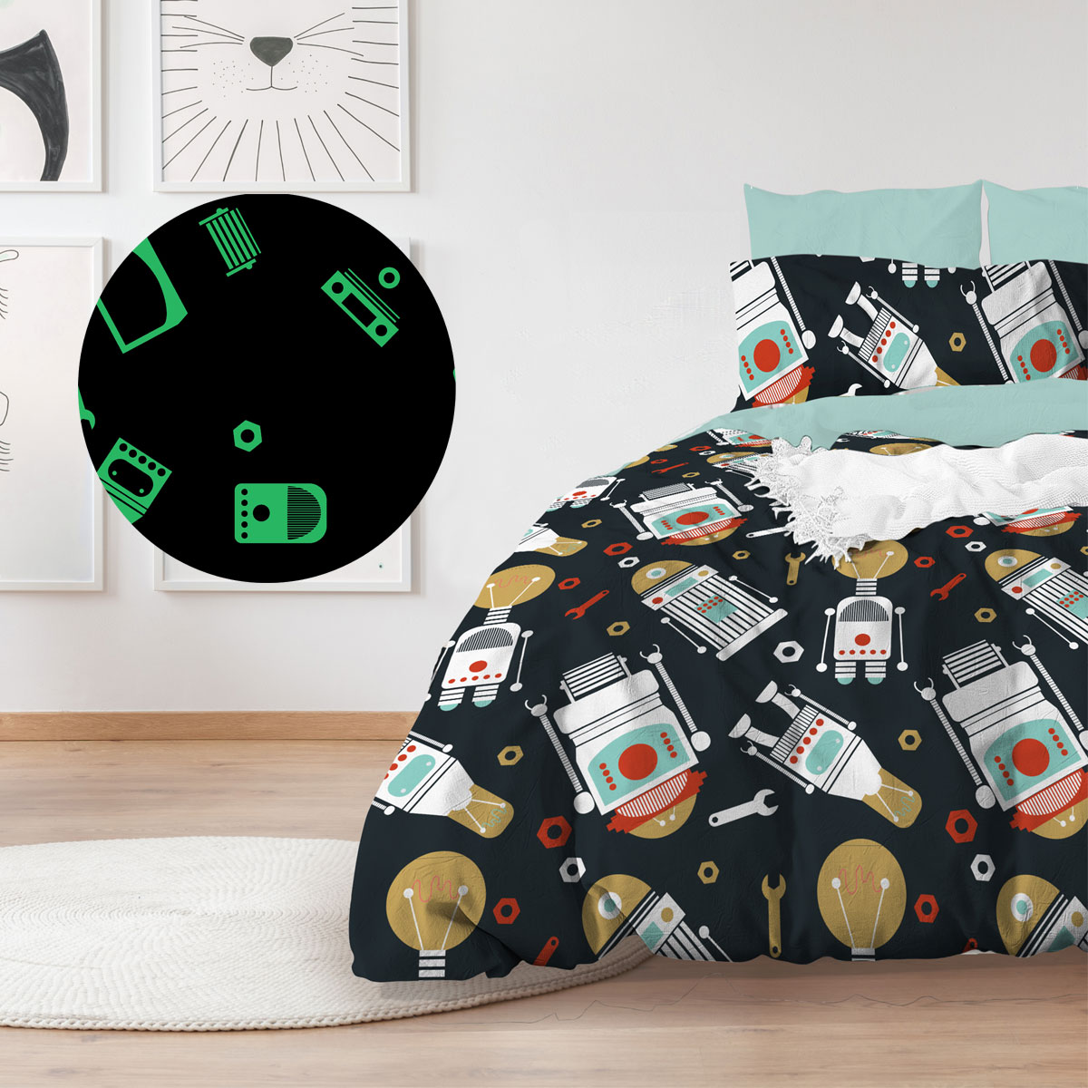 V442-INT-QUILTCS-ROBOGLOW-MULTI-SB-143789-00 Robo Glow in Dark Quilt Cover Set Single - Image 1