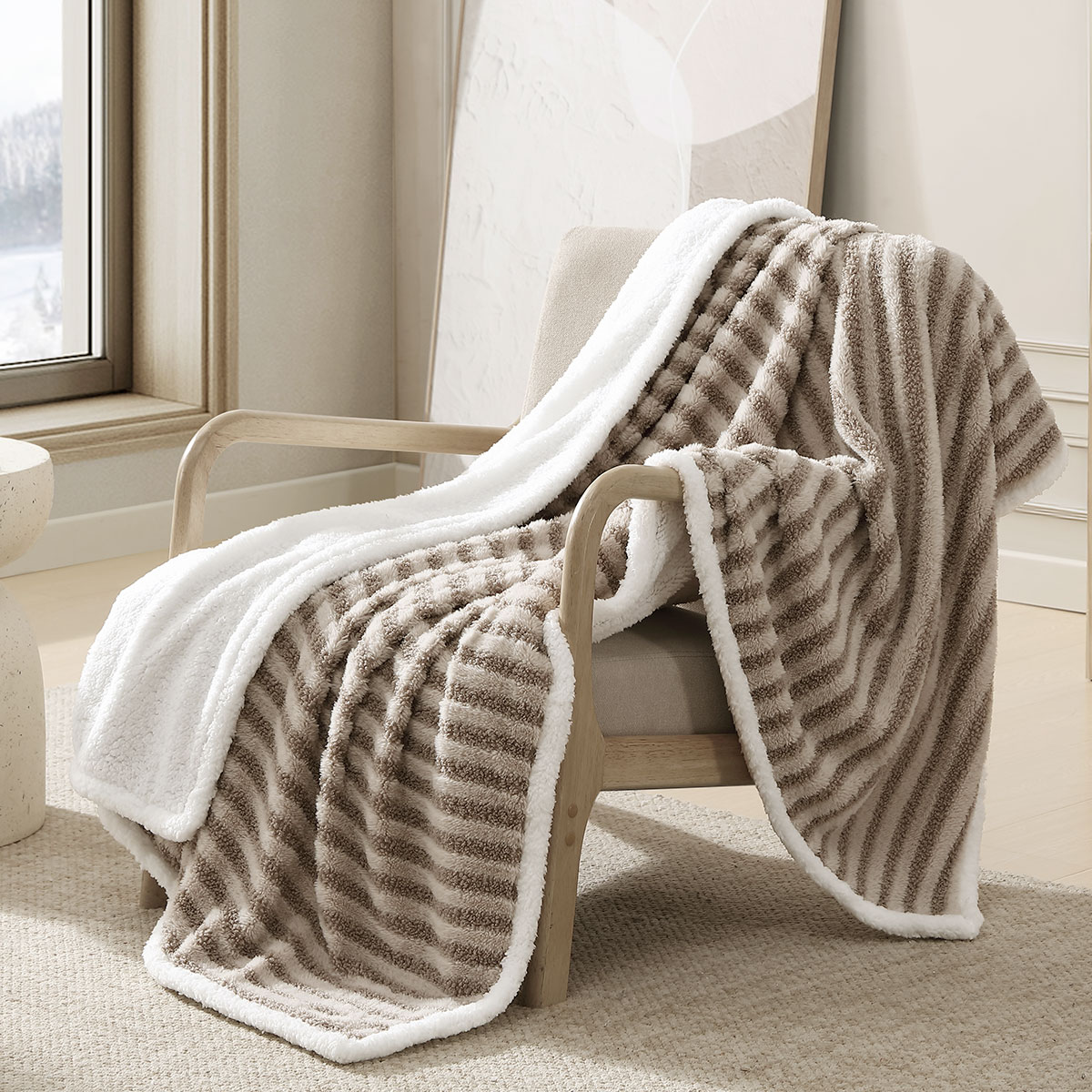 V442-INT-THROW-CARTERBOUCLE-MULTI-RE-202507031621-00 Ardor Carter Striped Boucle Throw Rug with Sherpa Reverse 130x170cm - Image 1