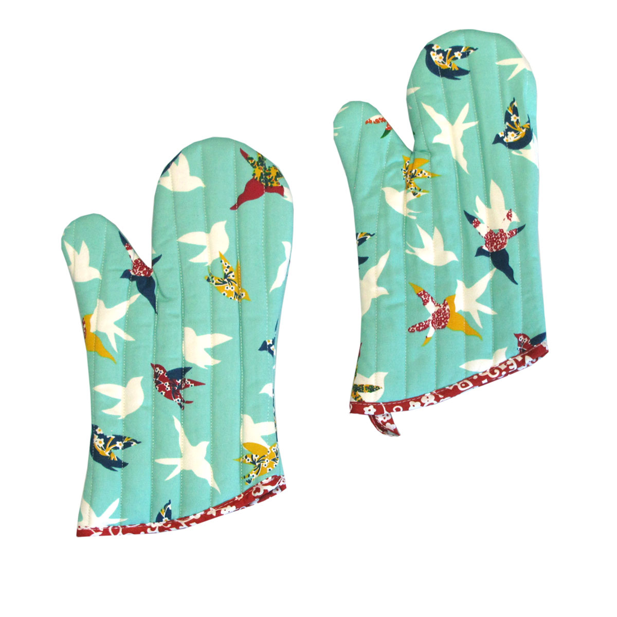 V442-JTC-OVENM-BIRDS2OVENMITT-AQUA-SQ-185242-00 Set of 2 100% Cotton Printed Oven Mitts 34 x 15 cm Aqua Birds - Image 1