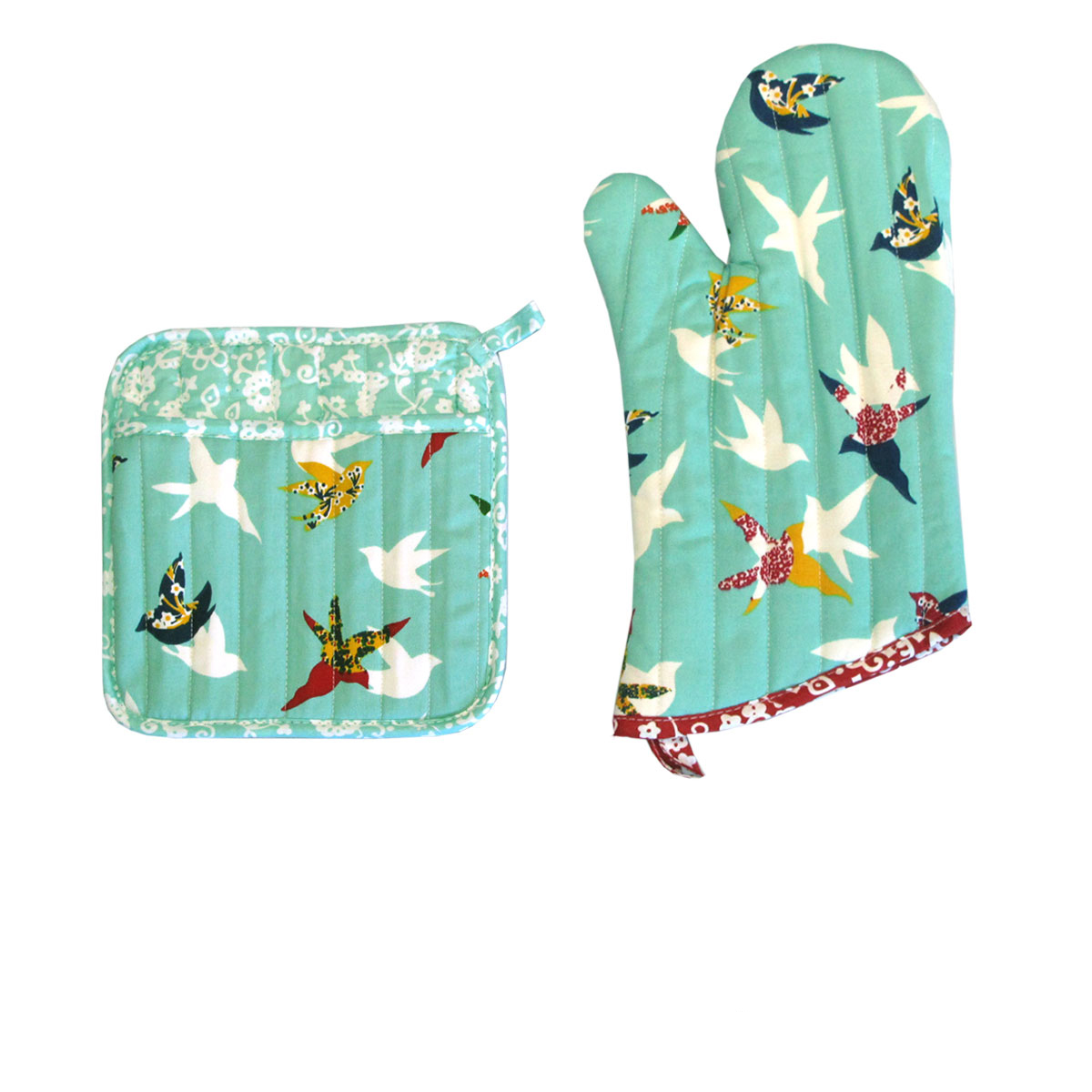 V442-JTC-OVENM-BIRDSMIXSET-AQUA-SQ-185246-00 Set of 100% Cotton Printed Oven Mitt + Pot Holder Aqua Birds - Image 1