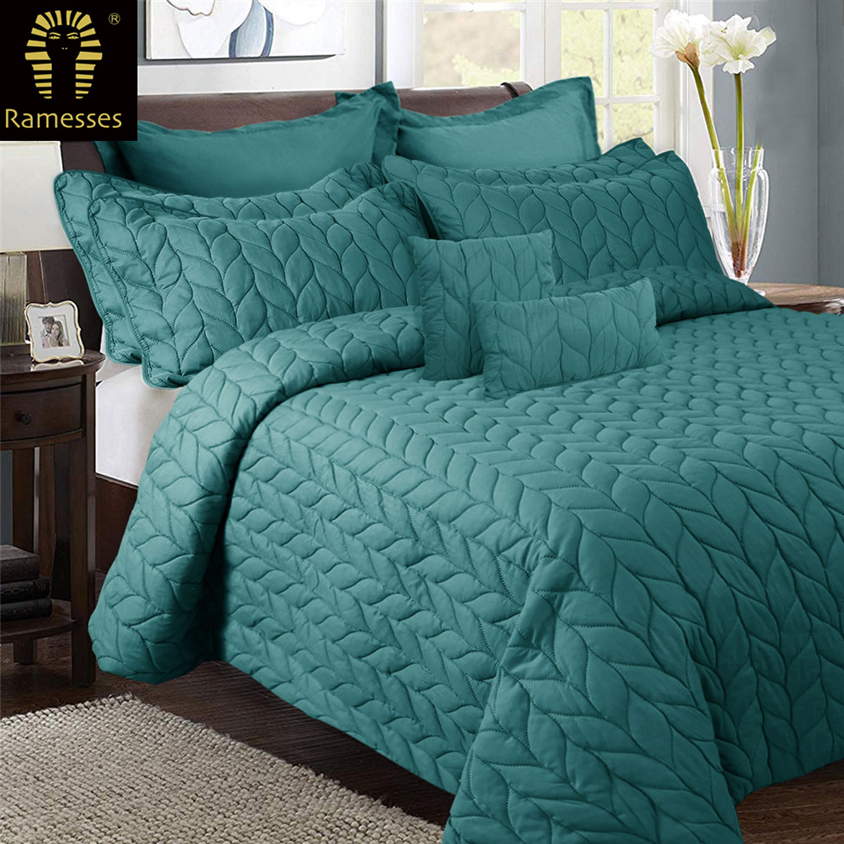 V442-KIT-COMFORTER-9PCESULTRASONIC-TEAL-QS-146467-00 Ramesses 9 Pieces Ultrasonic Comforter Set Queen Teal - Image 1