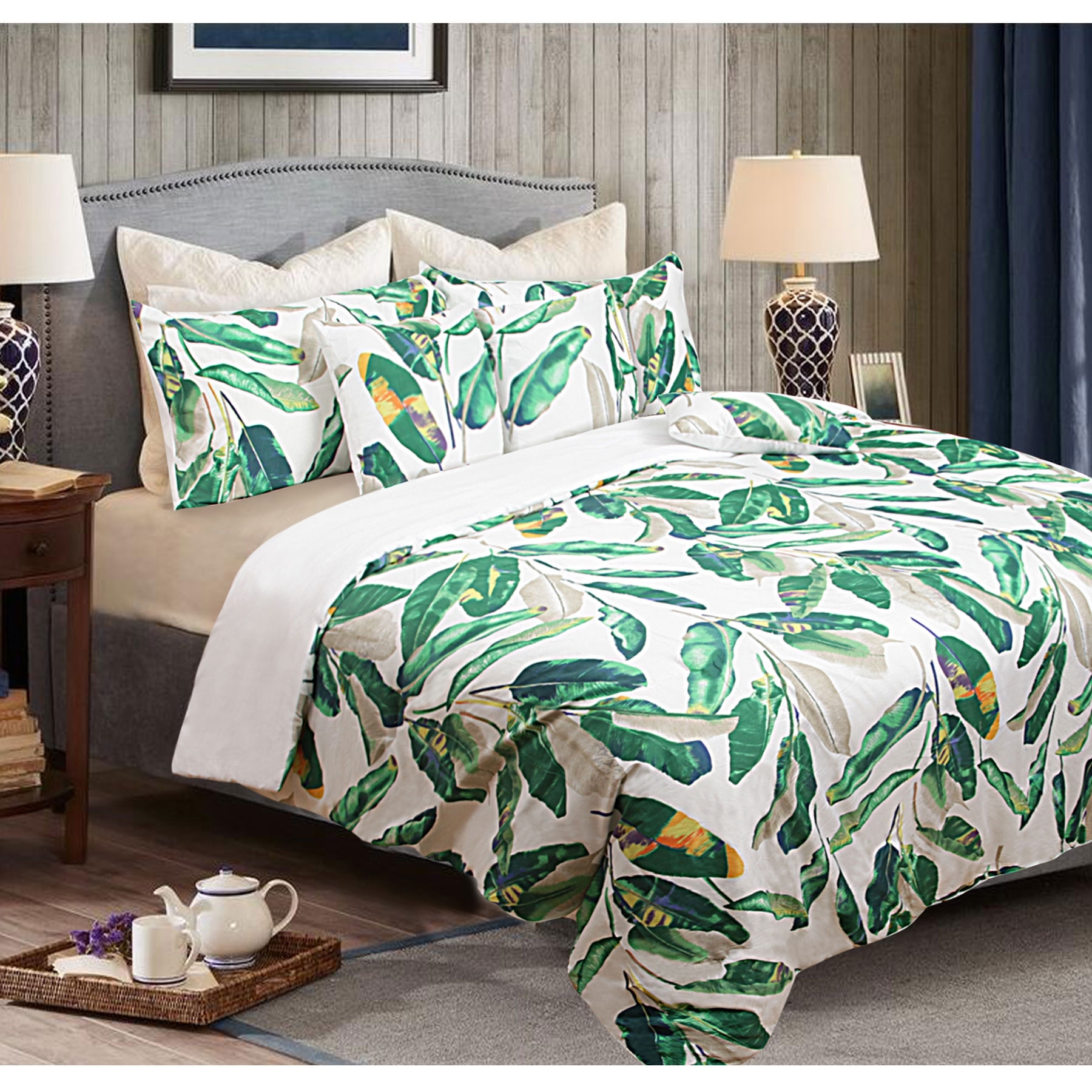 V442-KIT-COMFORTER-LEAVES-GREEN-QS-202502260925-00 Shangri La 6 Piece Comforter Set Leaves Green - Image 1