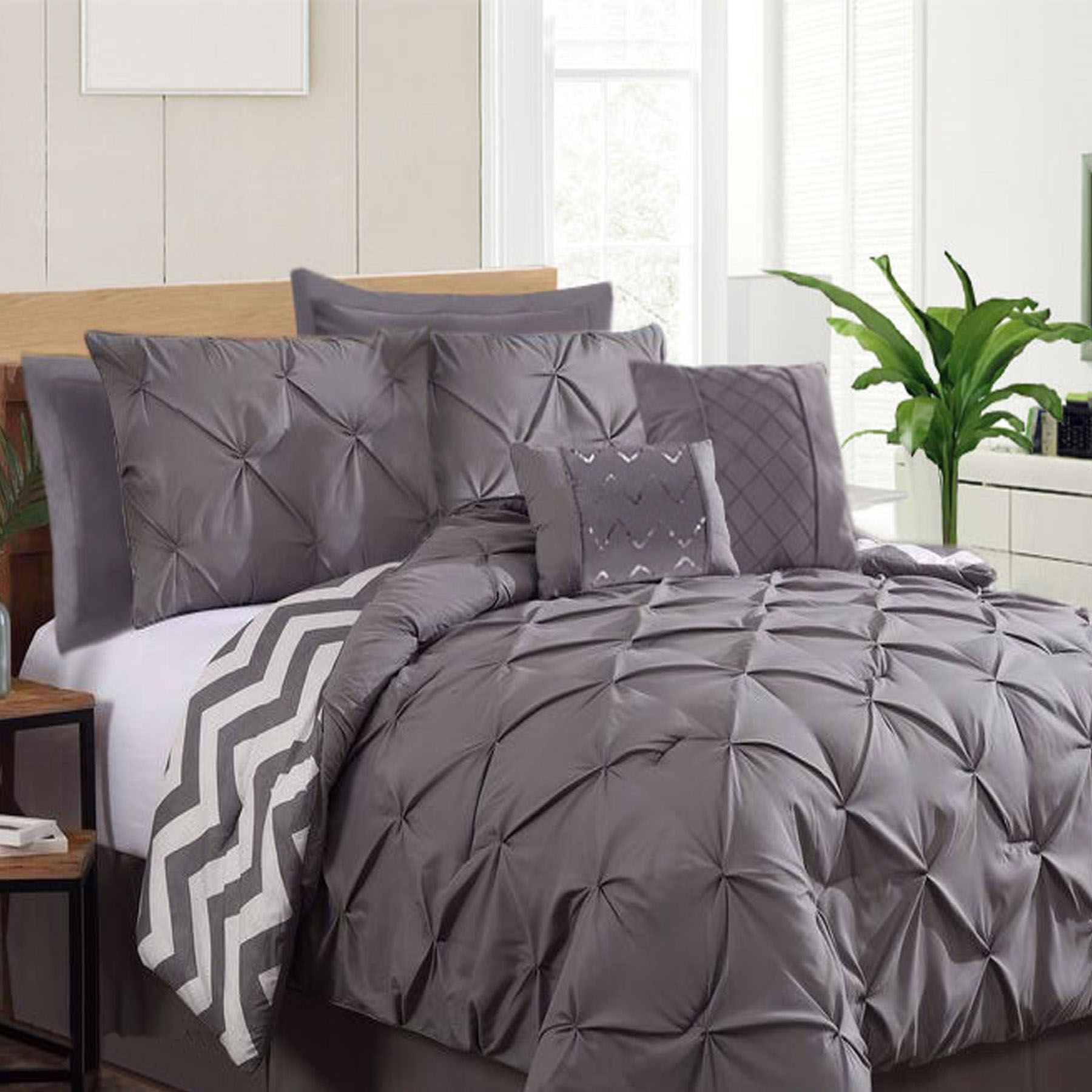 V442-KIT-COMFORTER-PINCHPLEAT-CHARCOAL-KI-146450-00 Ramesses 7 Piece Pinch Pleat Comforter Set Charcoal King - Image 1