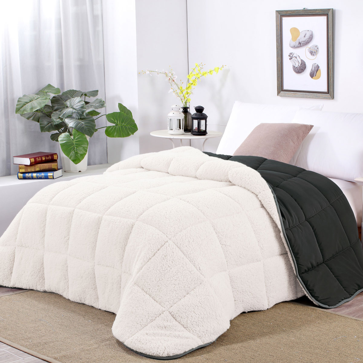 V442-KIT-COMFORTER-SHERPAFLEECE-CHARCOAL-QS-173727-00 Shangri La Charcoal Sherpa Fleece Reversible 3 Pcs Comforter Set Queen - Image 1