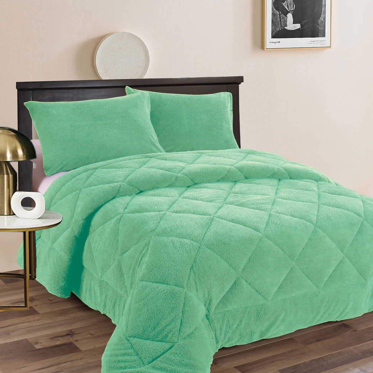 V442-KIT-COMFORTER-TEDDY-AQUA-QS-173547-00 Ramesses Teddy Fleece 3 Pcs Comforter Set Aqua (Frost) Queen - Image 1