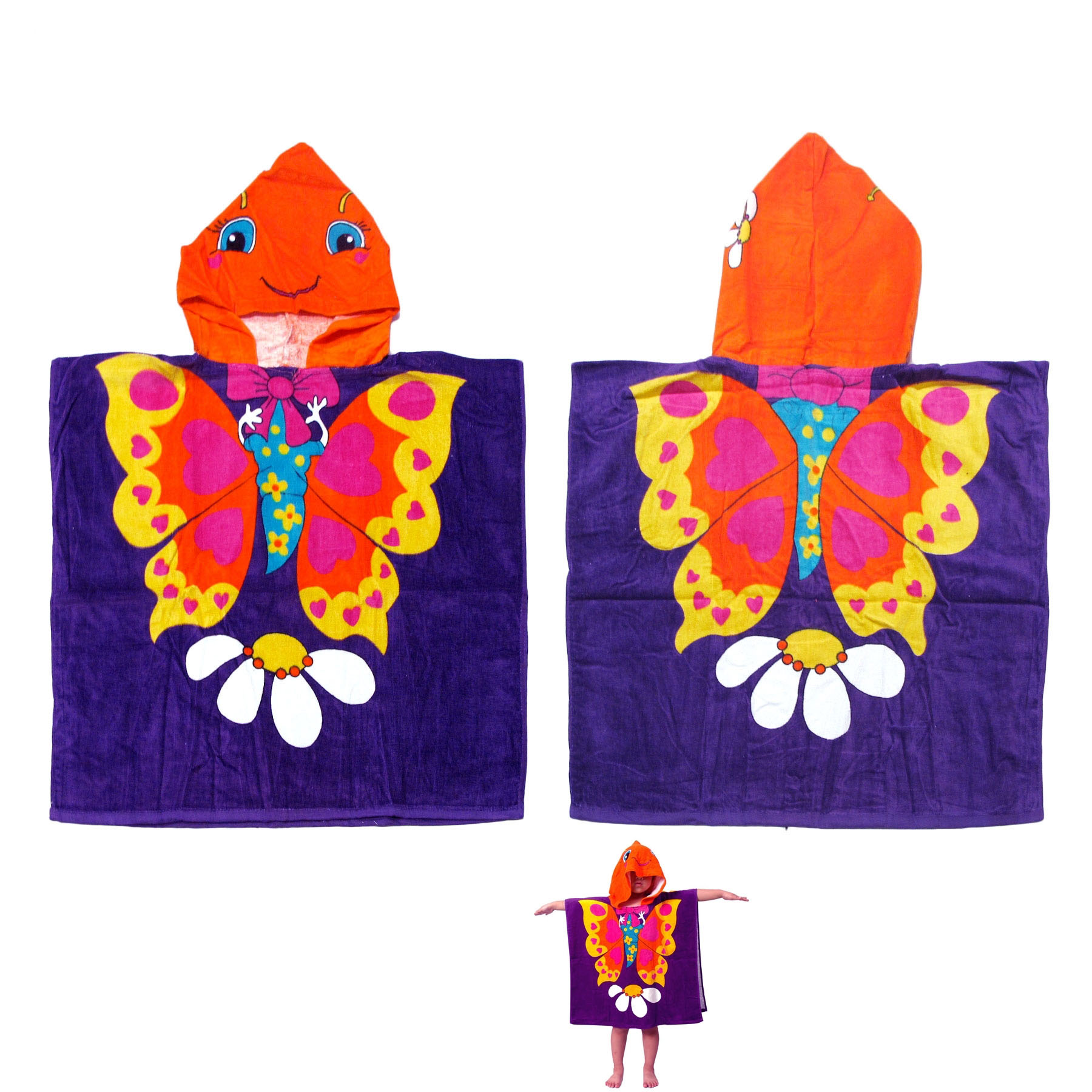 V442-KIT-TOWEL-HOODEDBUTTERFLY-PURPLE-SH-145678-00 Cute Kids Cotton Hooded Towel Poncho 60 x 120 cm Butterfly - Image 1