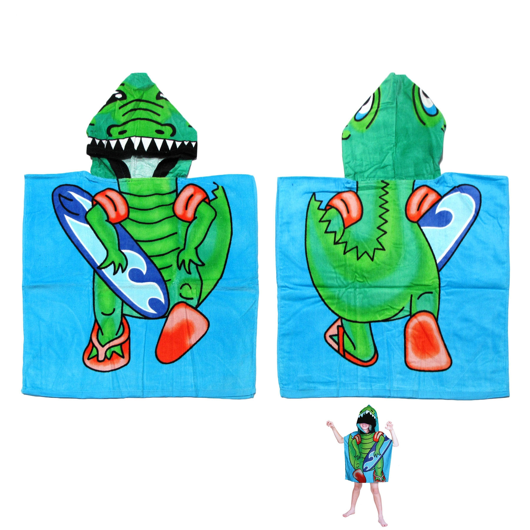 V442-KIT-TOWEL-HOODEDDINOSAUR-GREEN-SH-145679-00 Cute Kids Cotton Hooded Towel Poncho 60 x 120 cm Dinosaur - Image 1