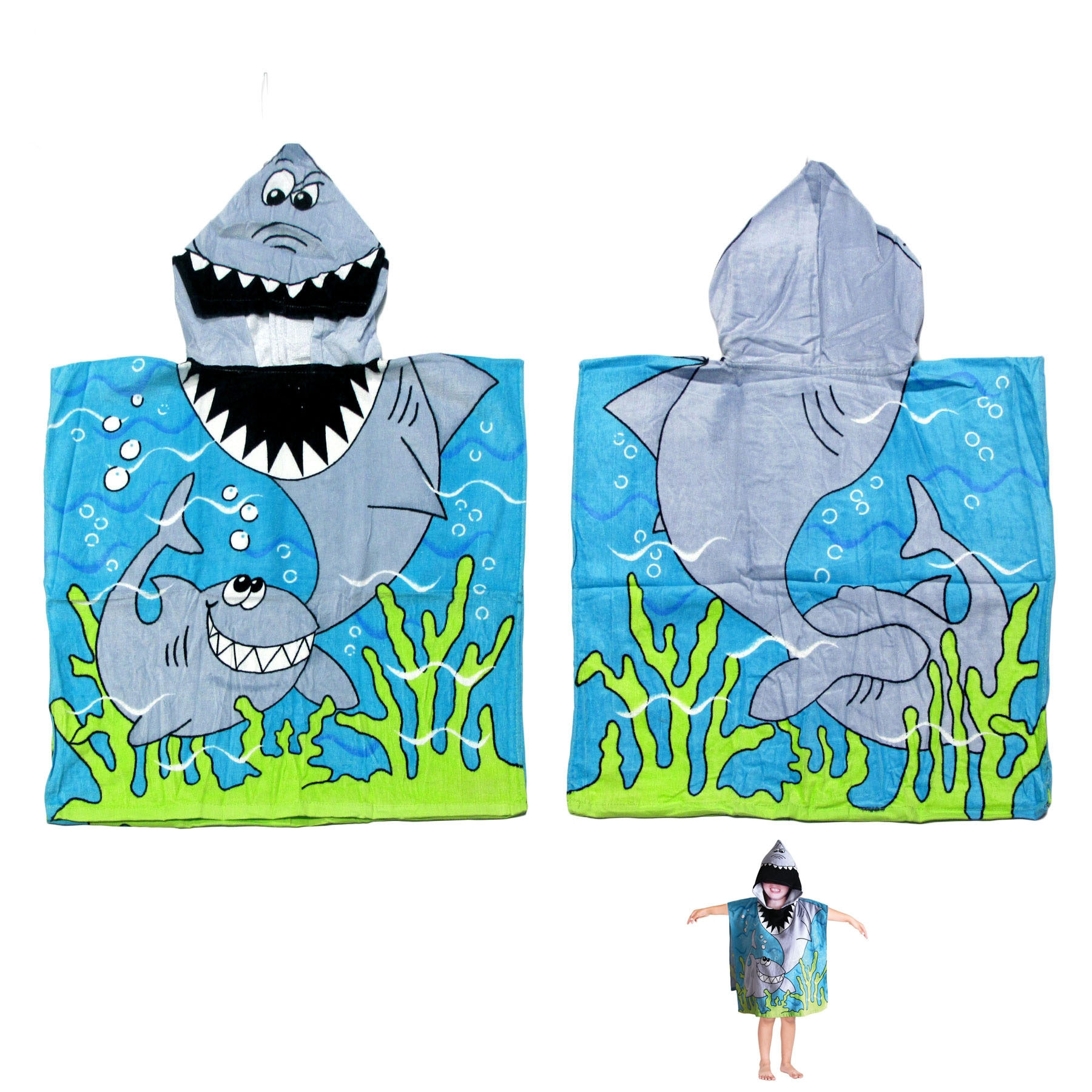 V442-KIT-TOWEL-HOODEDSHARK-BLUE-SH-145682-00 Cute Kids Cotton Hooded Towel Poncho 60 x 120 cm Shark - Image 1