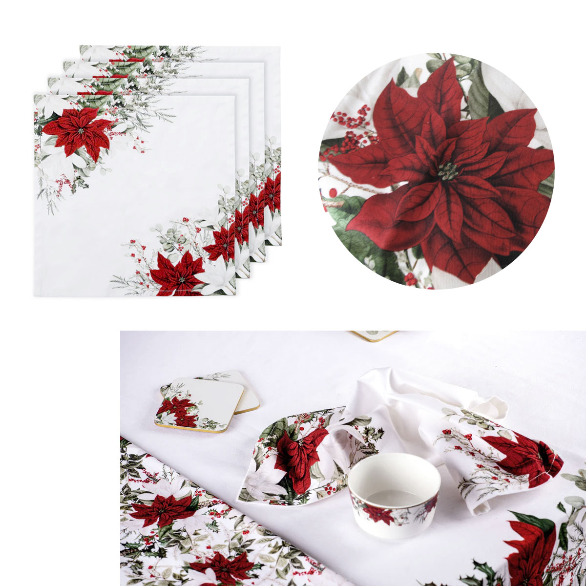 V442-LDE-MISC-SETOF4POINSETTIANAPKINS-MULTI-SQ-199958-00 Ashdene Set of 4 Poinsettia 100% Cotton Napkins 45 x 45 cm - Image 1