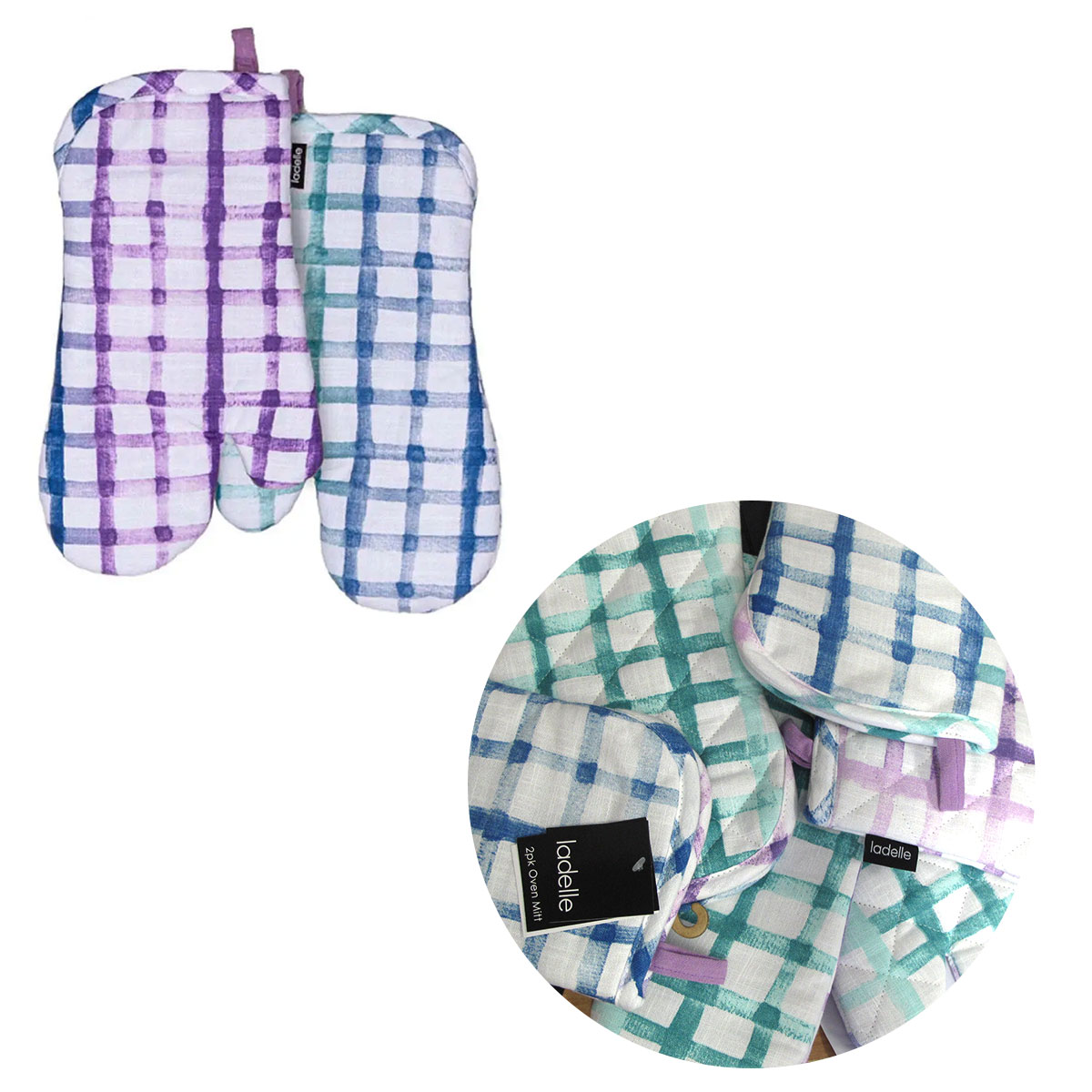 V442-LDE-OVENM-TRINNYSETOF2-LAVENDER-SH-127414-00 Ladelle Tri-colour Trinny Random Pattern/Colour Reversible Set of 2 Oven Mitts 18 x 33 cm - Image 1