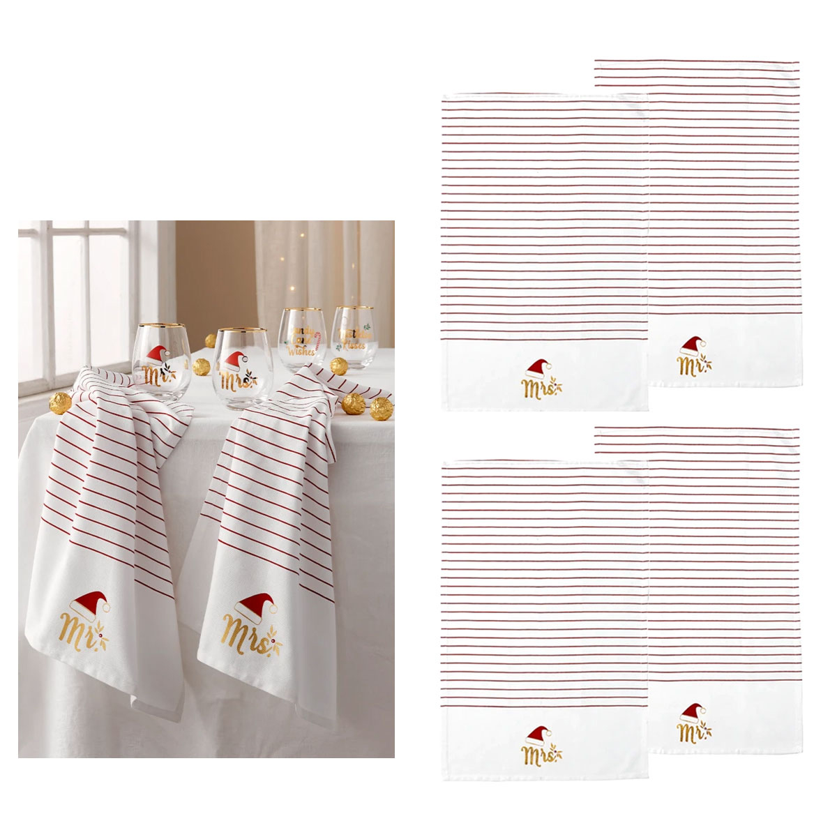 V442-LDE-TEAT-MRMRSSETOF4-WHITE-RE-77721-00 Ladelle Mr & Mrs Christmas Hat Set of 4 Cotton Kitchen Towels 45 x 70 cm - Image 1