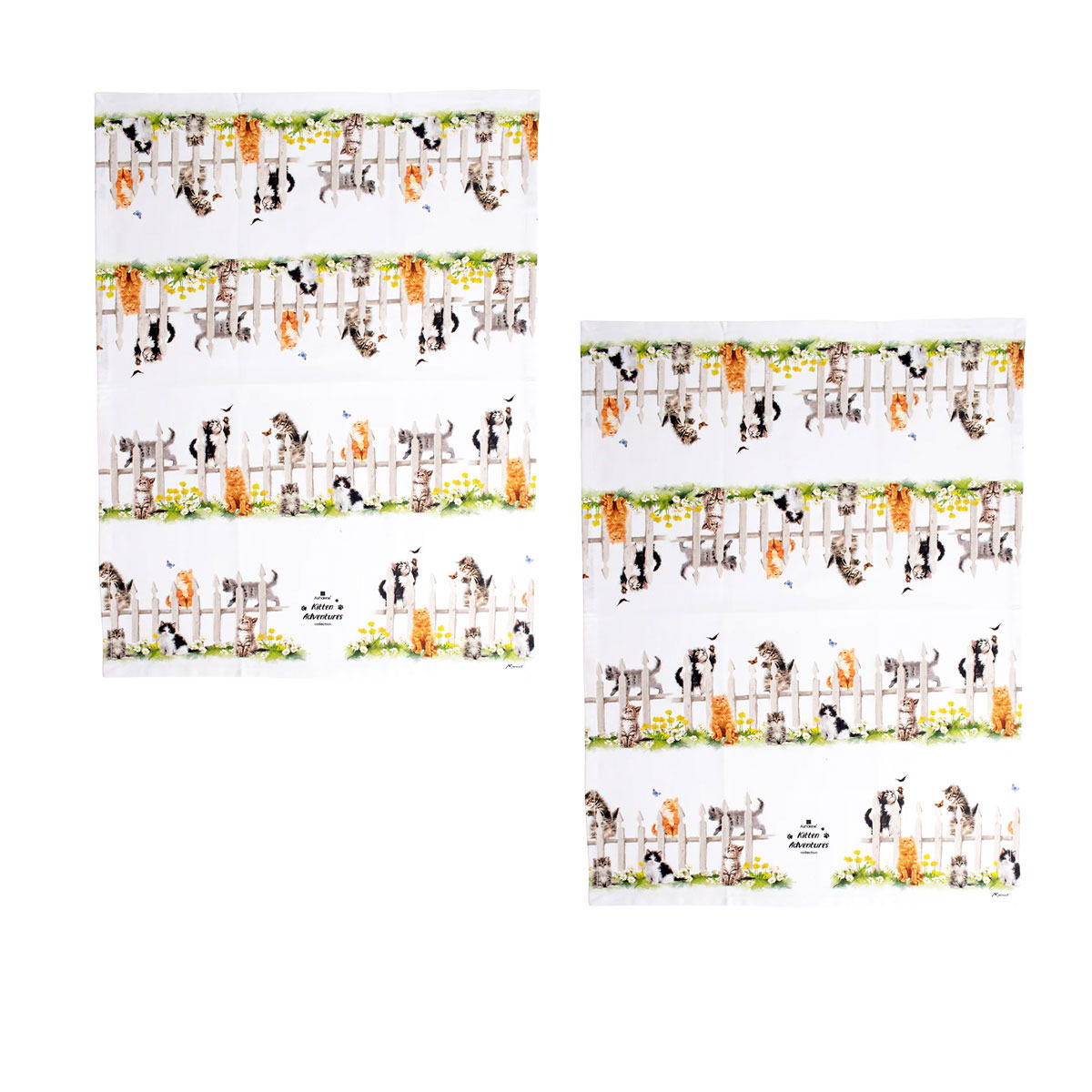 V442-LDE-TEAT-SETOF2CHASINGBUTTERF-MULTI-RE-199960-00 Ashdene Set of 2 Kitten Adventures Cotton Kitchen Tea Towels Chasing Butterflies - Image 1