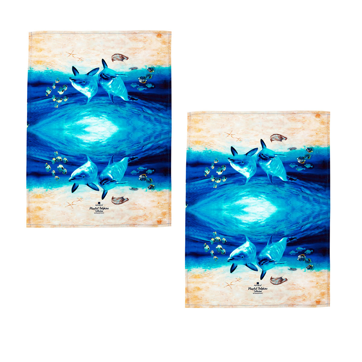 V442-LDE-TEAT-SETOF2UNDERWATERBUDDIES-MULTI-RE-199963-00 Ashdene Set of 2 Playful Dolphins Cotton Kitchen Tea Towels 50 x 70 cm Underwater Buddies - Image 1