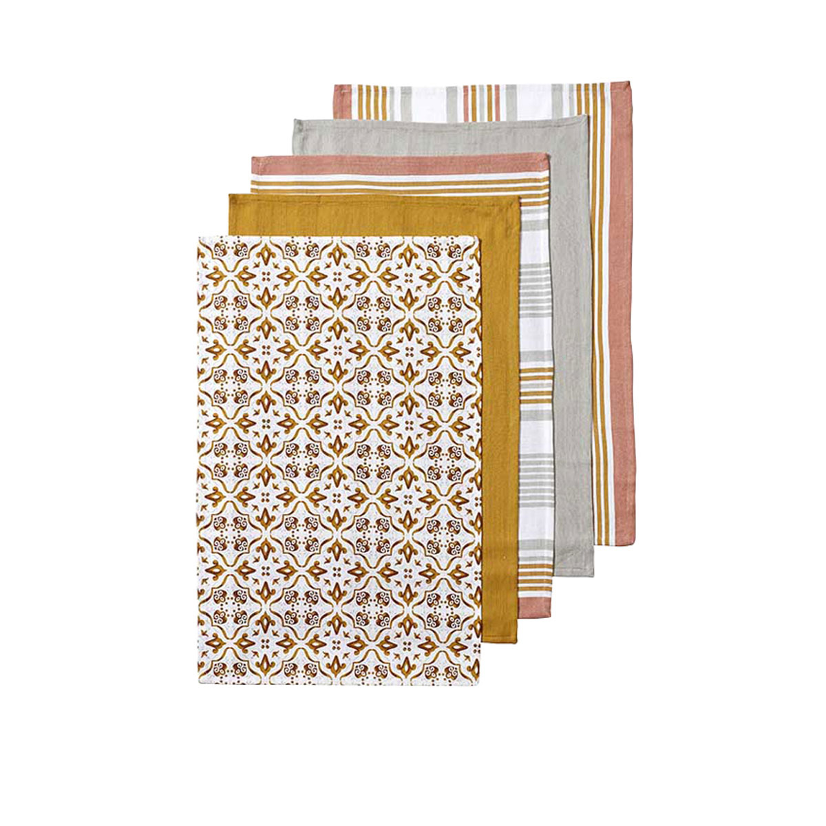 V442-LDE-TEAT-TILESETOF5-GOLD-RE-77952-00 Ladelle Tile Set of 5 Cotton Kitchen Towels Gold - Image 1