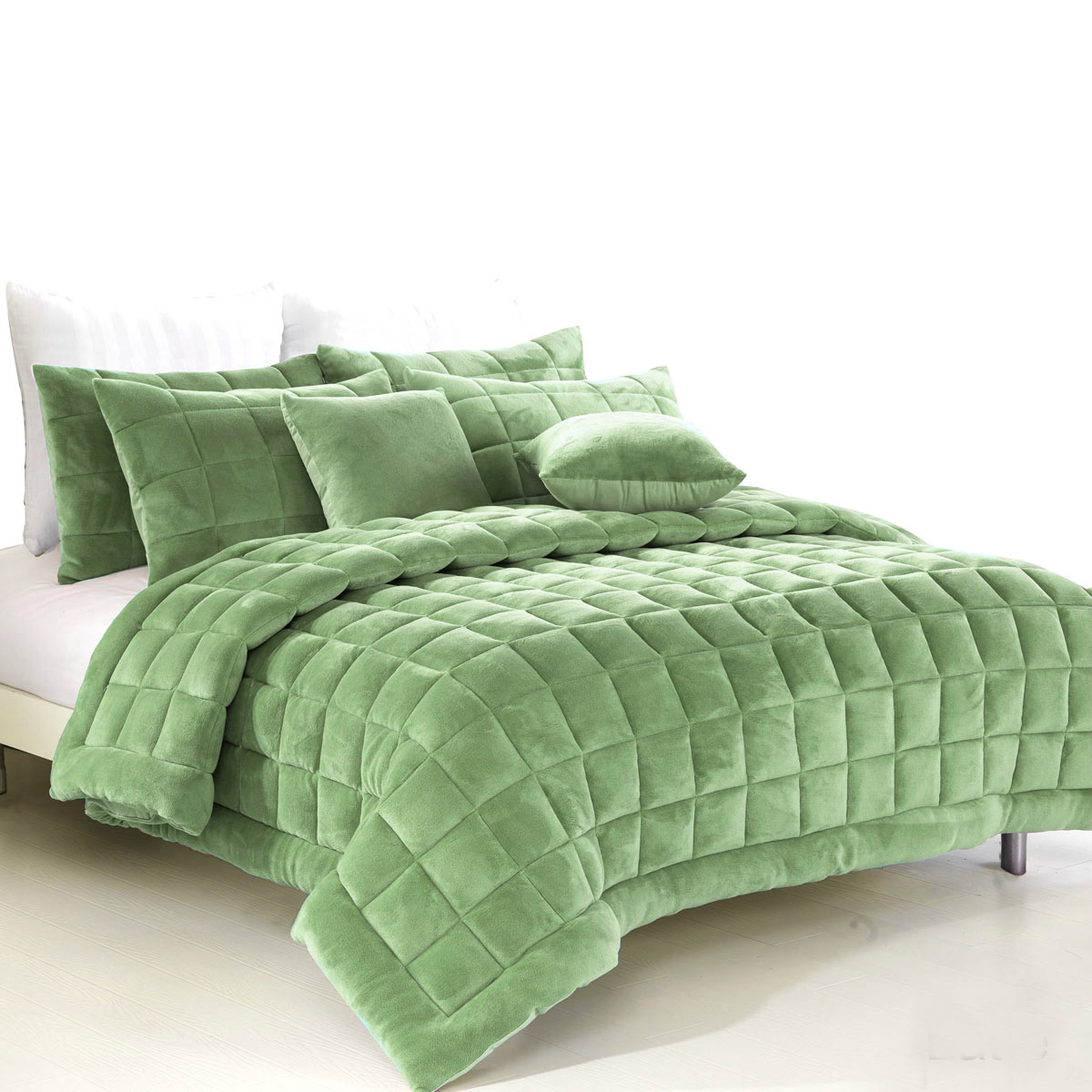 V442-MFL-QUILT-AUGUSTAMINK-SAGE-DS-75106-00 Alastairs Augusta Faux Mink Quilt / Comforter Set Sage Double - Image 1