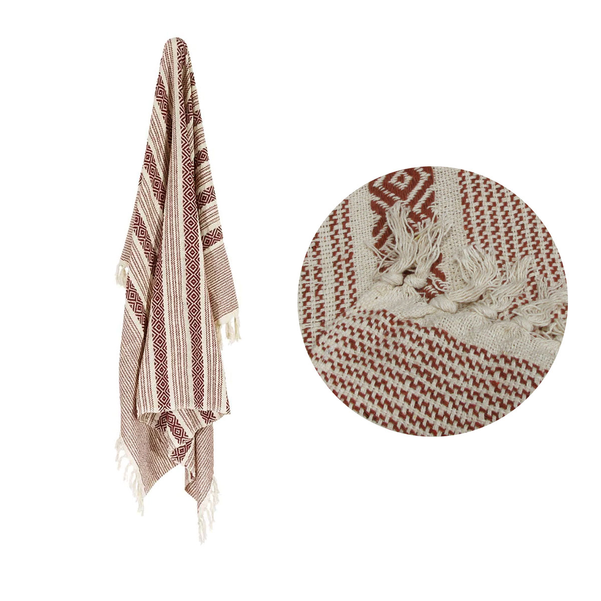 V442-MFL-THROW-AZTEC-RUST-RE-208795-00 100% Cotton Fringe Throw Rug 125 x 150 cm Aztec Rust - Image 1