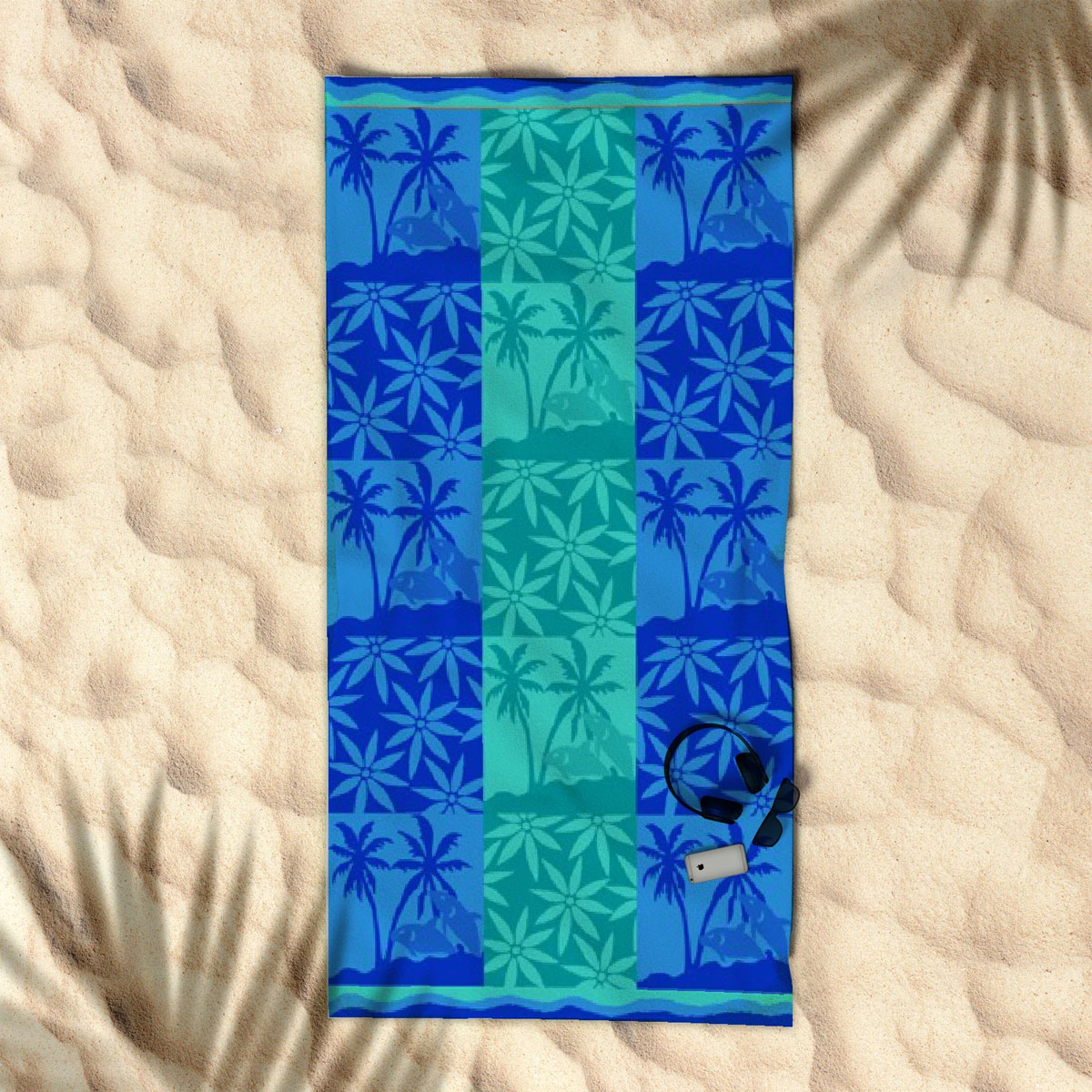 V442-RAN-TOWEL-2022PALMTREE-BLUE-RE-77454-00 Rans Premium Cotton Jacquard Beach Towel Palm Tree Blue - Image 1