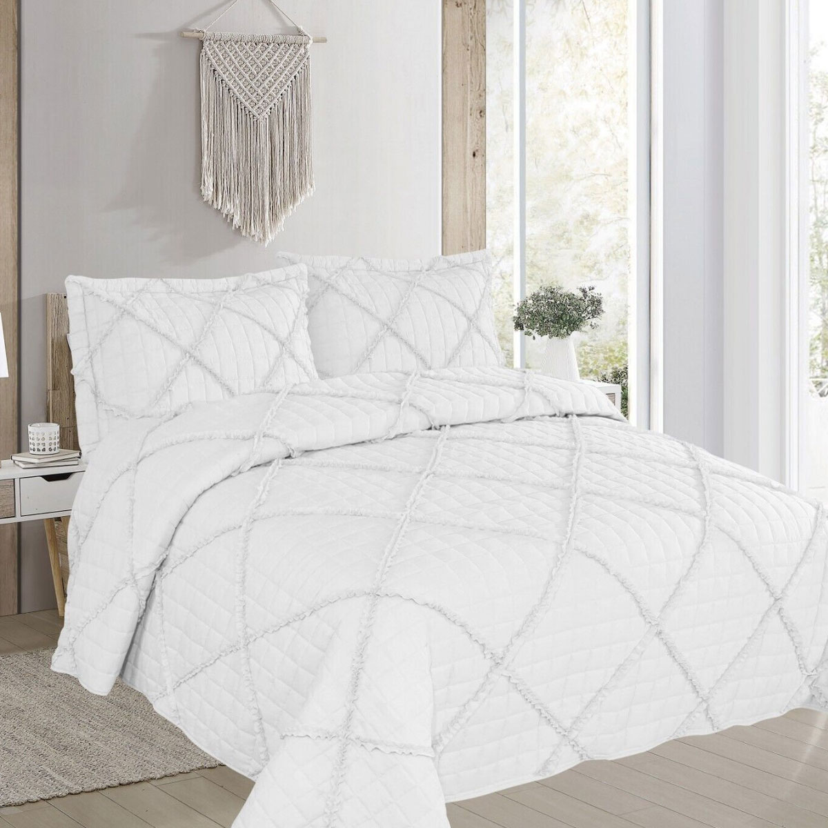 V442-STT-COVERLET-BEVERLEY-WHITE-QS-209148-00 Beverley White 3 Pce Lightly Quilted Polyester Cotton Coverlet Set Queen - Image 1
