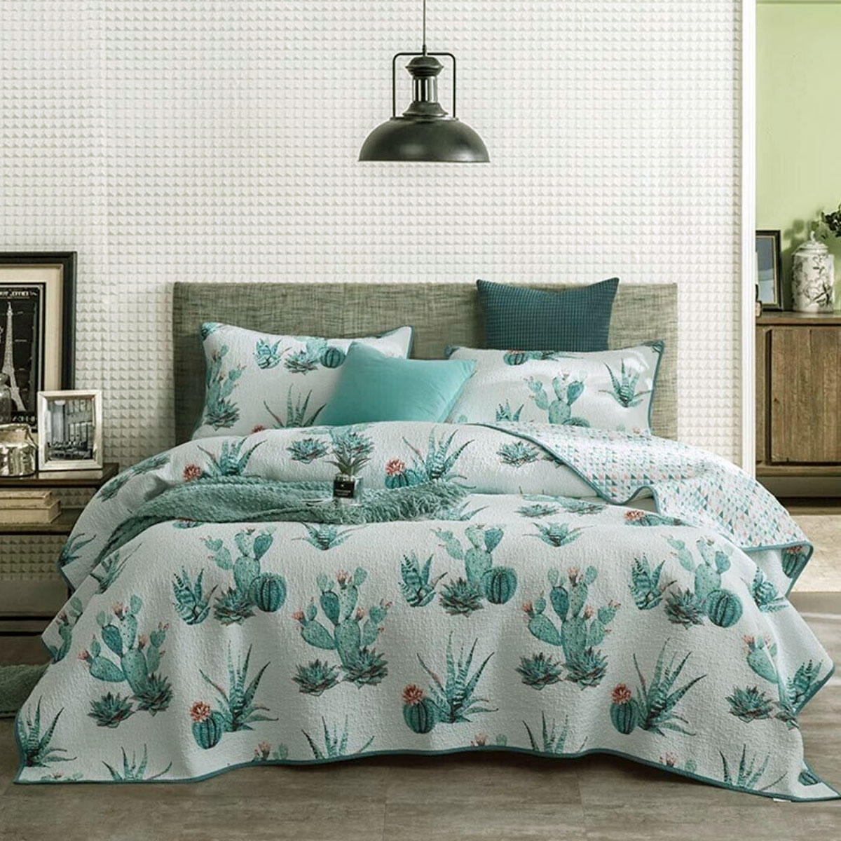 V442-STT-COVERLET-BLOOMINGCACTUSES-CREAM-QS-213109-00 100% Cotton Lightly Quilted Coverlet Set Blooming Cactuses Cream Queen - Image 1