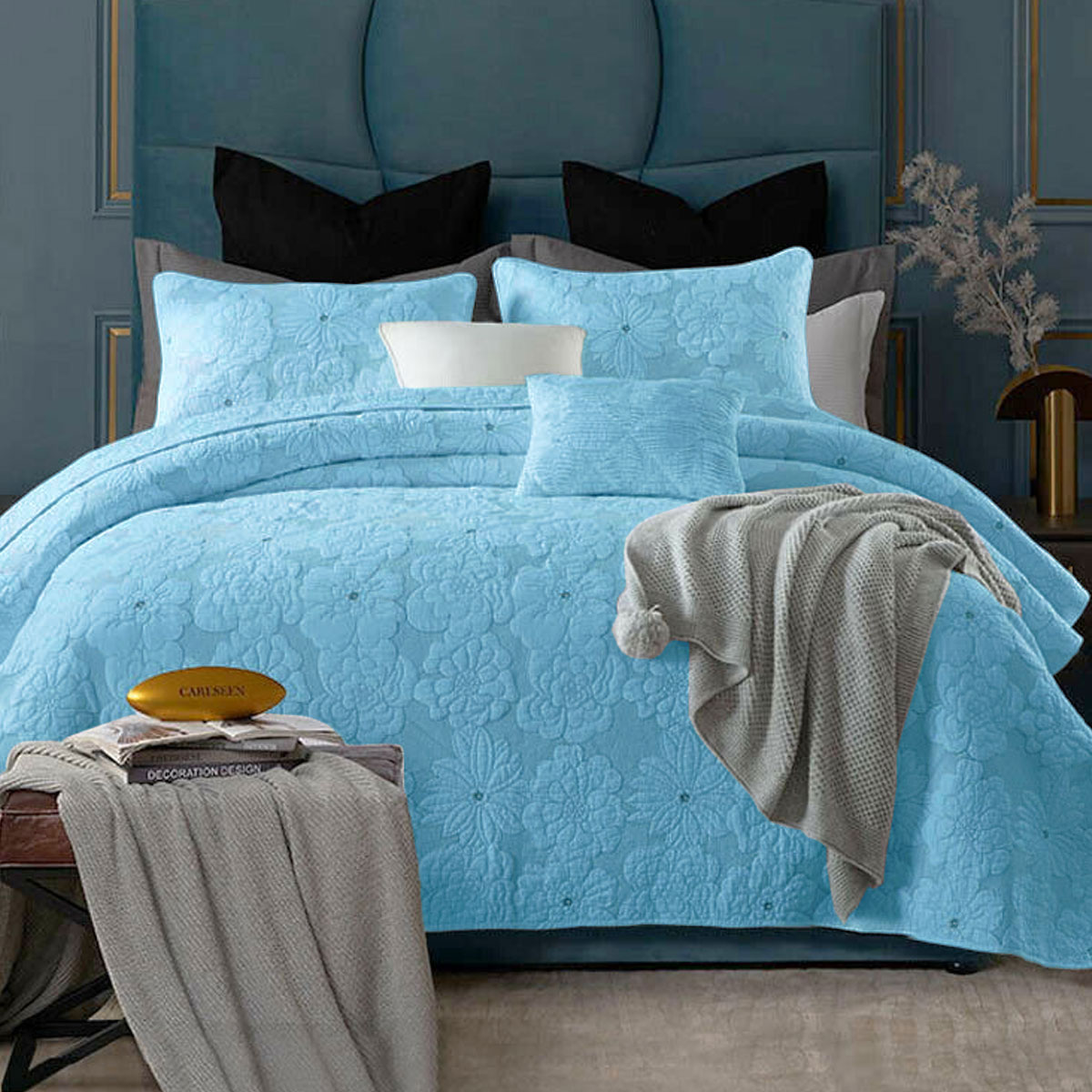 V442-STT-COVERLET-FLORIADE-AQUA-QS-213104-00 Cotton Rich Lightly Quilted Coverlet Set Floriade Aqua Queen - Image 1