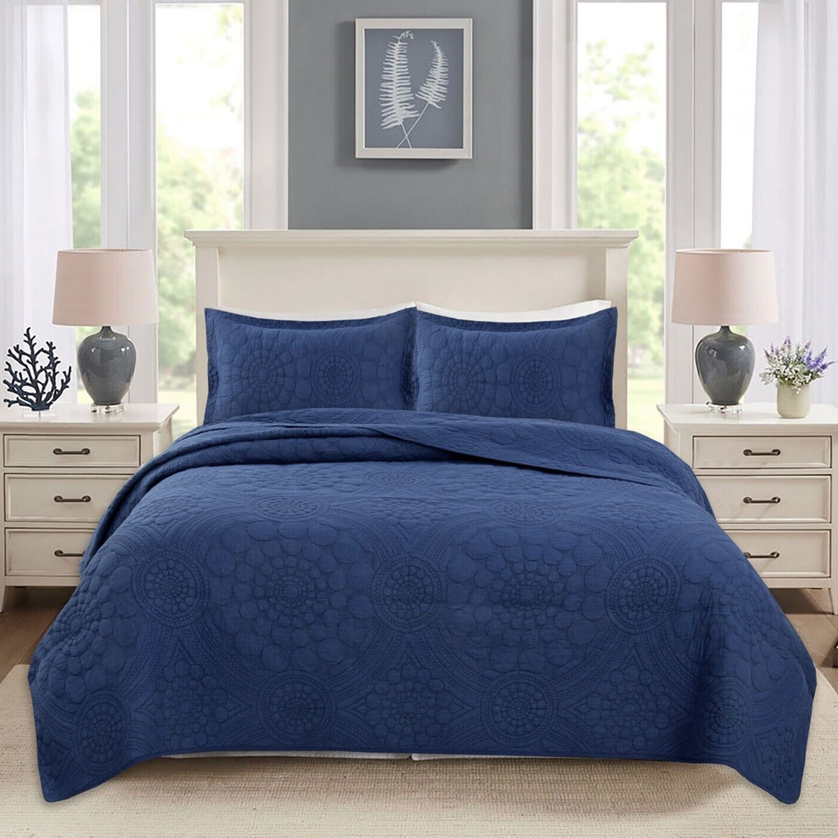 V442-STT-COVERLET-UNITY-NAVY-QS-209152-00 100% Cotton Lightly Quilted Coverlet Set Unity Navy Queen - Image 1