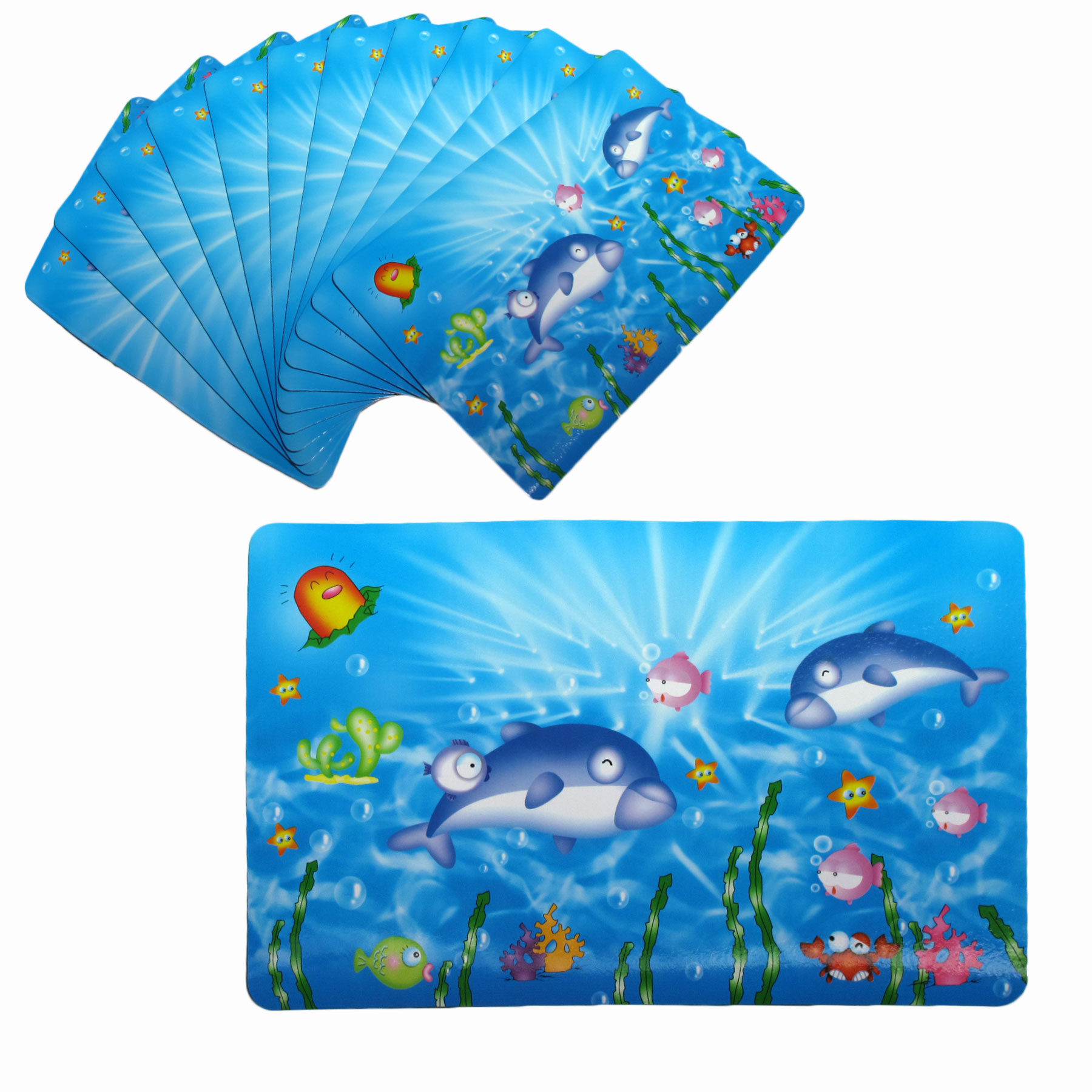 V442-TOC-TABLEPLACEMAT-DOLPHINLOVE-BLUE-RE-209112-00 Set of 12 PVC Easy Care Placemats - Dolphin Love - Image 1
