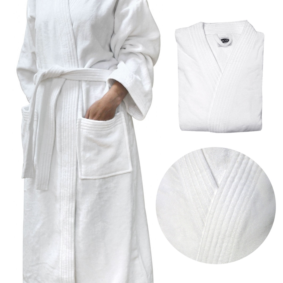 V442-WAM-BATHROBE-400GSM-WHITE-L-204791-00 Jason 400GSM White Cotton Velour Bath Robe Medium/Large - Image 1