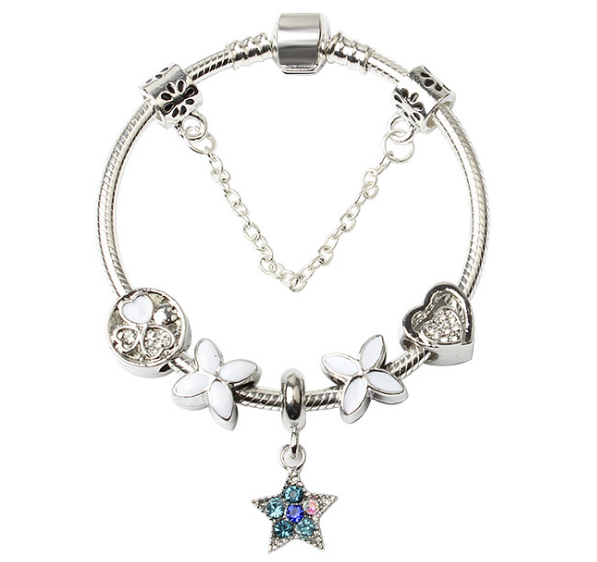 V462-F-11-02-101745-00 Women Silver Plated Bracelet Snake Chain with Classic Bead Barrel Clasp and Blue Star Pendant(19cm) - Image 1