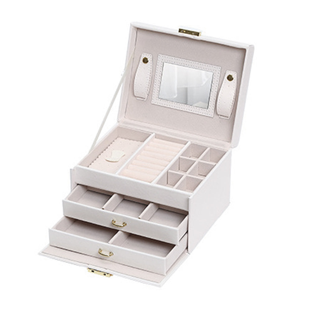 V462-FB-54-03-139657-00 Jewellery Box With Mirror Double Drawers Organizer Storage Lock Case(White) - Image 1