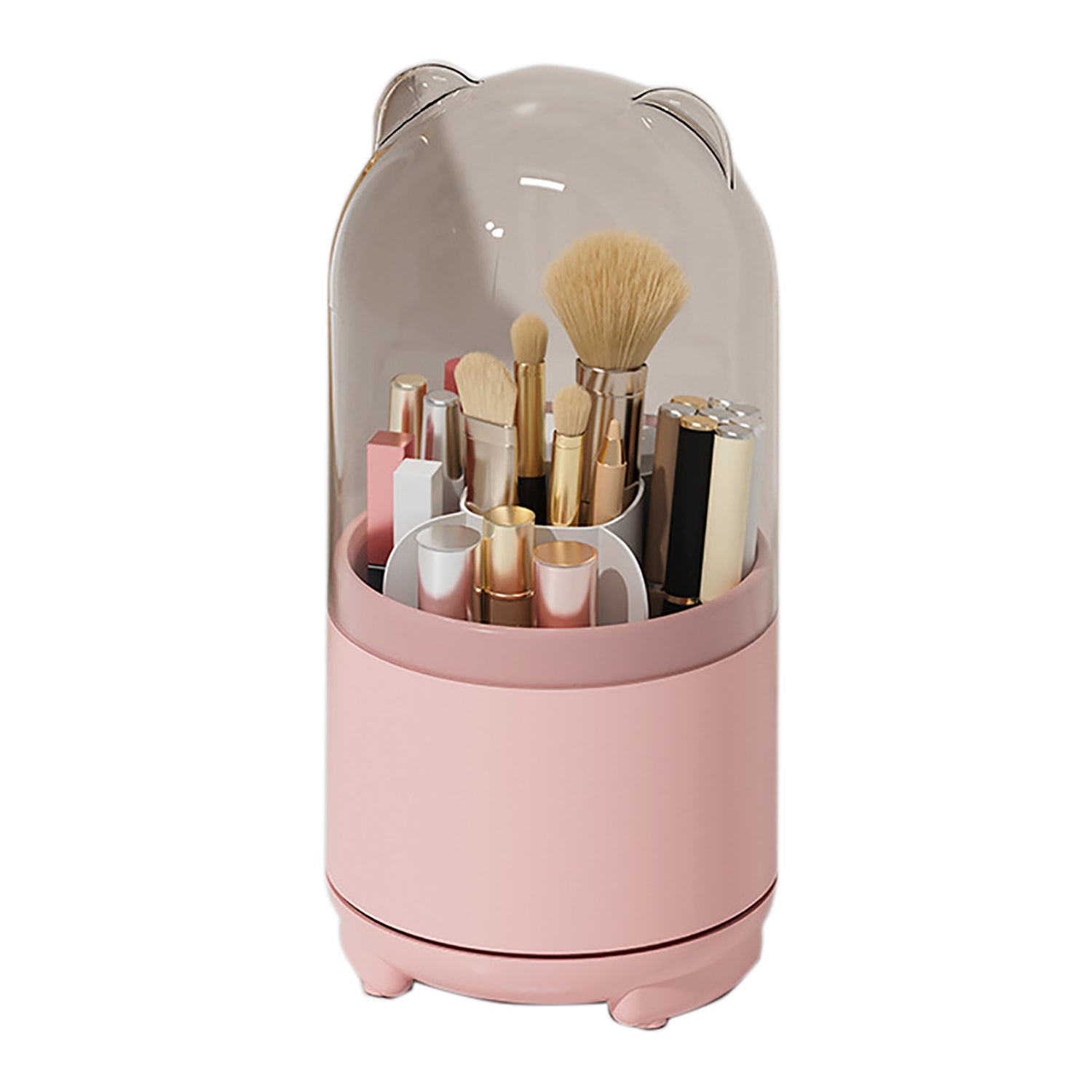V462-FB-79-01-101748-00 360° Rotating Makeup Brush Bucket Transparent Dust-proof Cosmetic Storage Box(pink) - Image 1