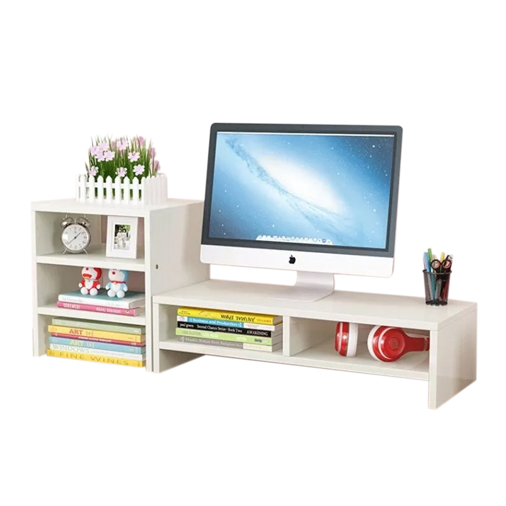 V462-SP-55-03-139650-00 Wooden Desk Monitor Riser Stand With 3Tier Storage Shelves Desktop Bookshelf(White Wood(Style 02)) - Image 1
