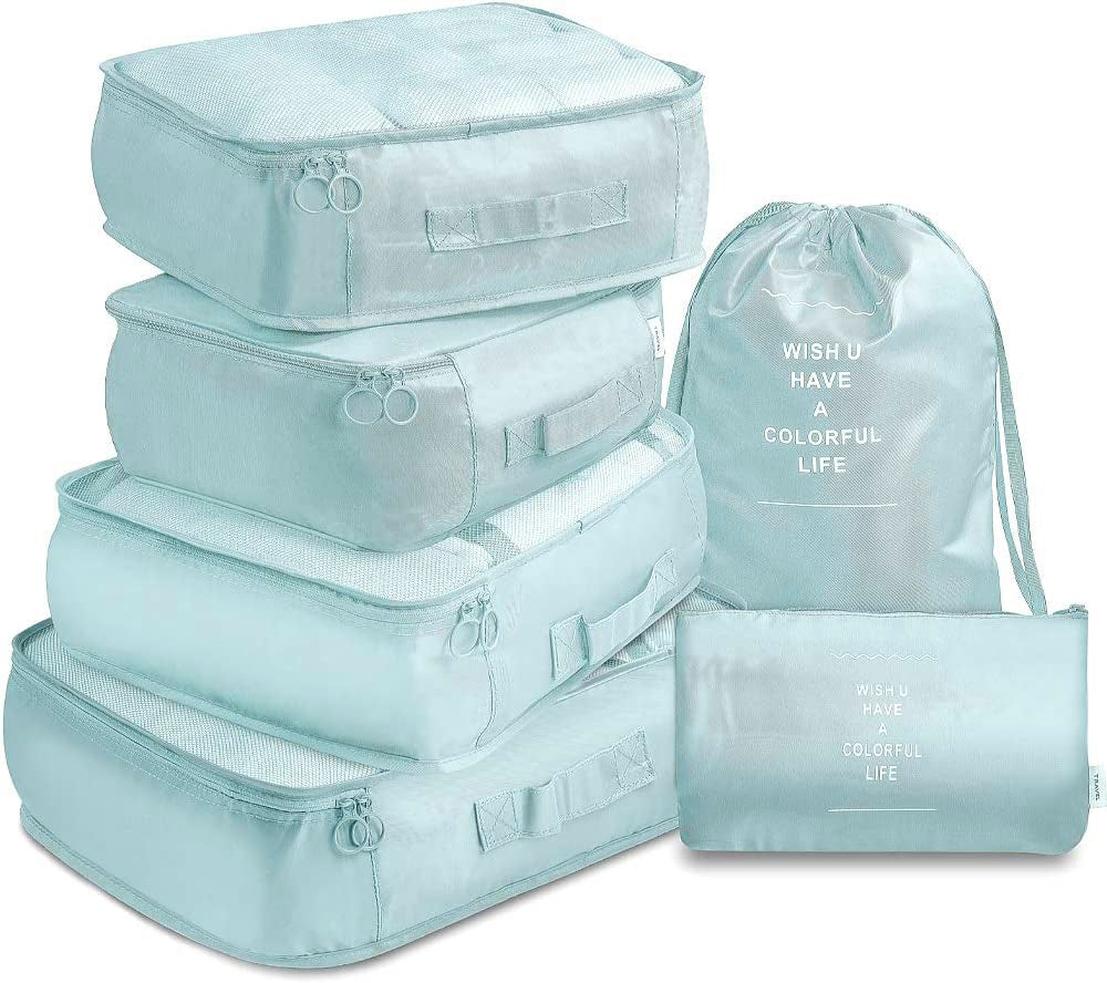 V462-T-17-04-97358-00 6 Pcs Waterproof Compression Packing Cubes Large Travel Luggage Organizer Storage (Light Blue) - Image 1